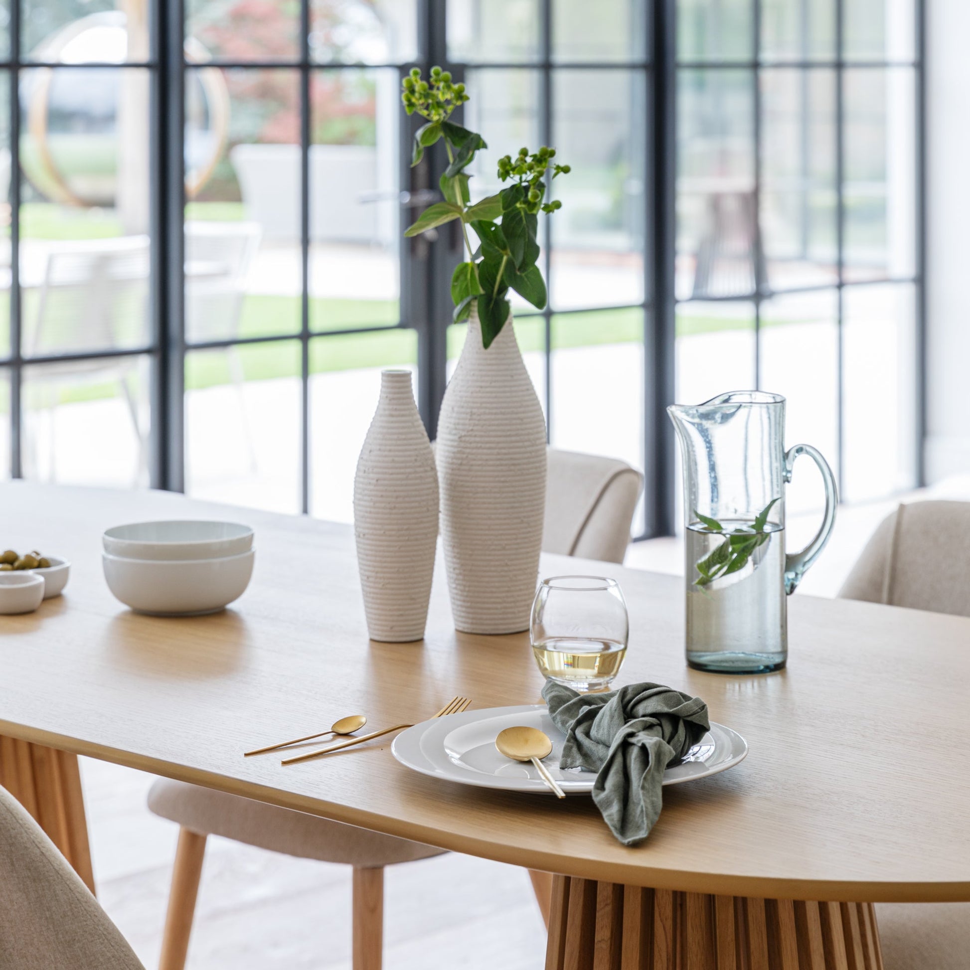 Willow 6 Seater Pale Oak Dining Table Set - Freya Oatmeal Dining Chairs - Laura James