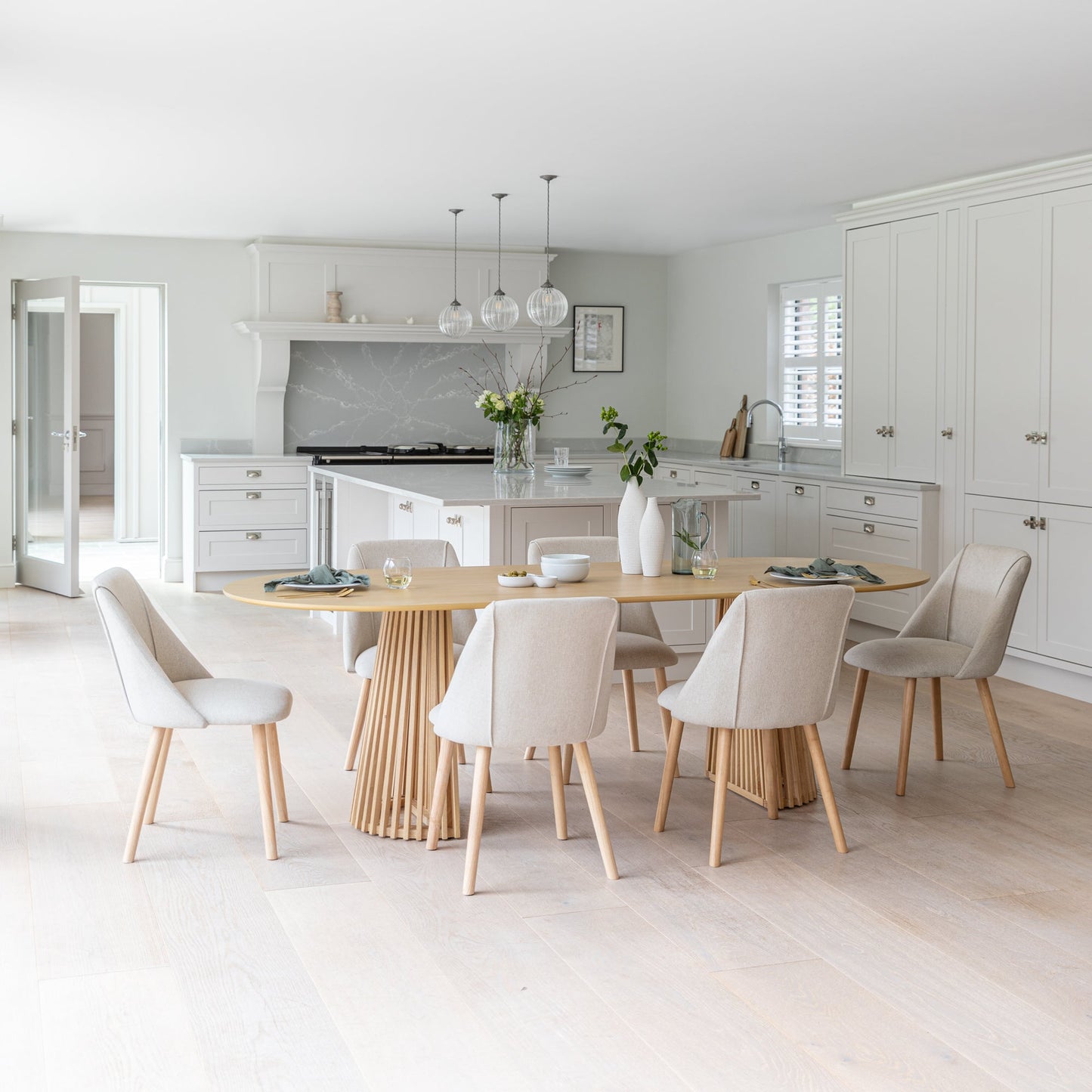 Willow 6 Seater Pale Oak Dining Table Set - Freya Oatmeal Dining Chairs - Laura James