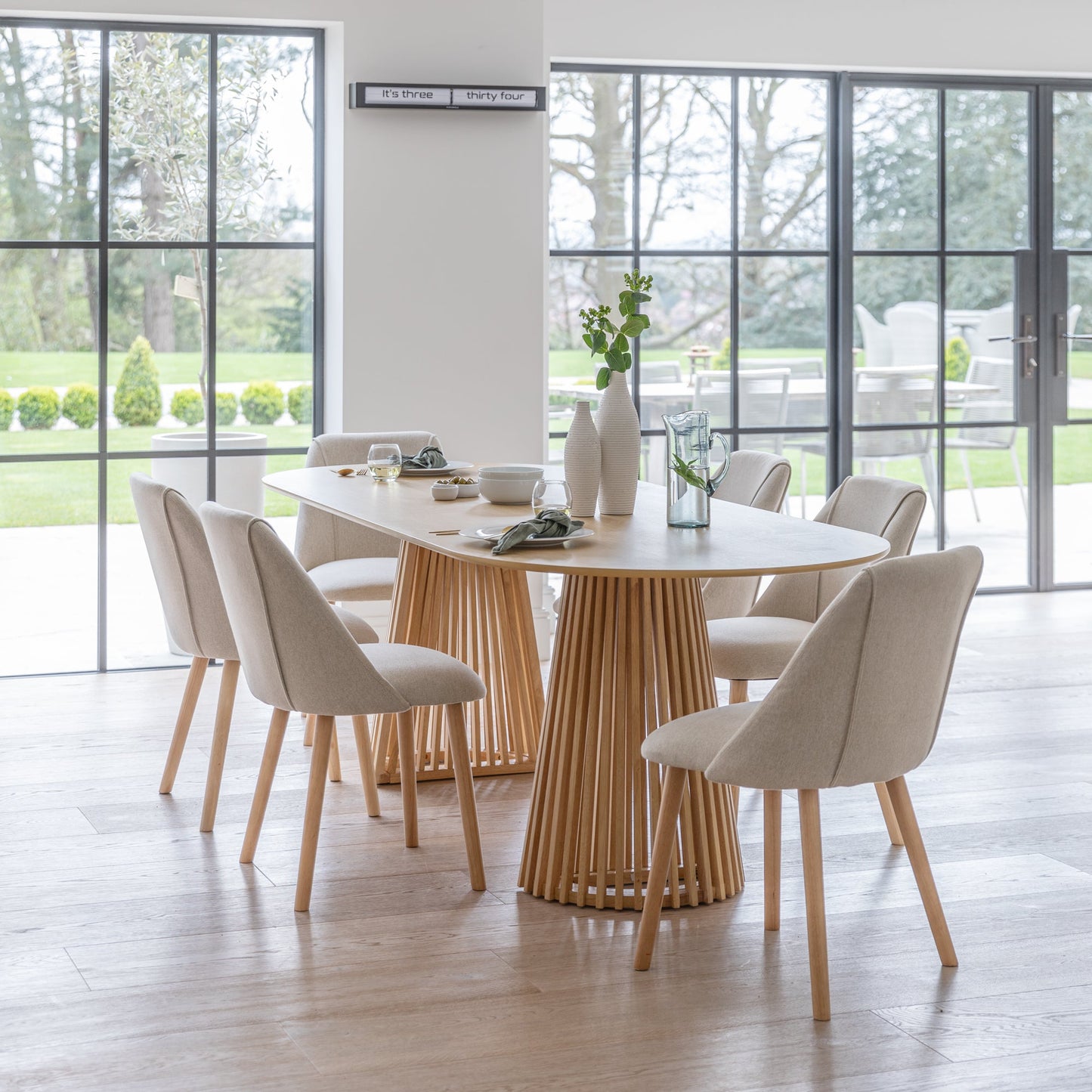 Willow 6 Seater Pale Oak Dining Table Set - Freya Oatmeal Dining Chairs - Laura James