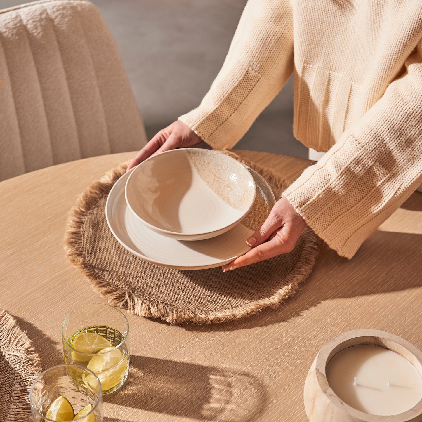 Willow Whitewash 4 Seater Round Dining Table with Bella Boucle Dining Chairs - Laura James 