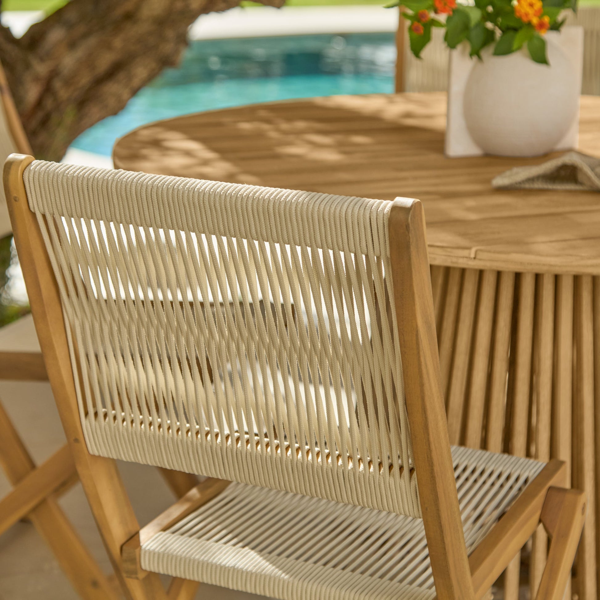 Willow 4 Seater White Acacia Round Garden Dining Set with Cove Beige Rope Chairs - Laura James