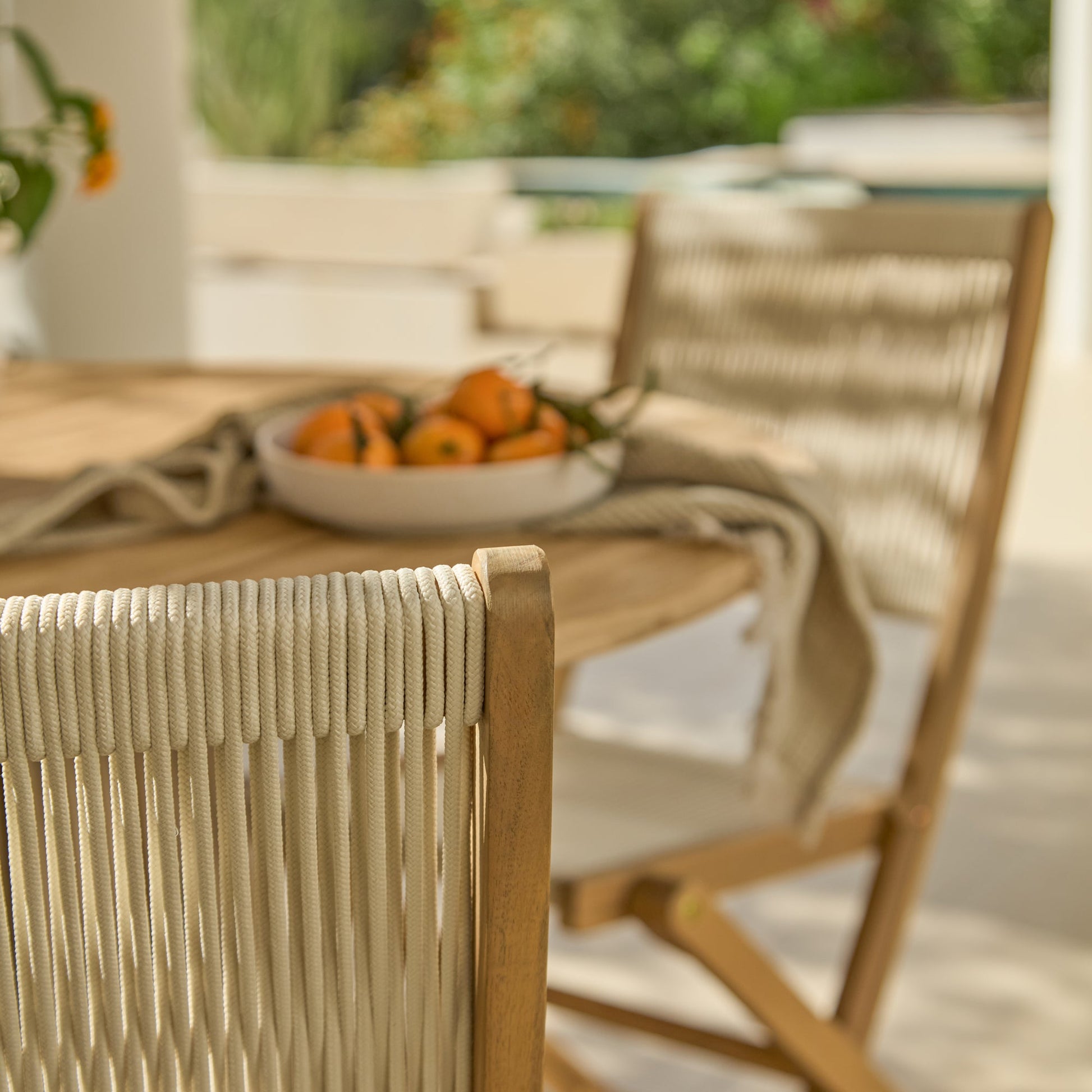 Willow 4 Seater White Acacia Round Garden Dining Set with Cove Beige Rope Chairs - Laura James
