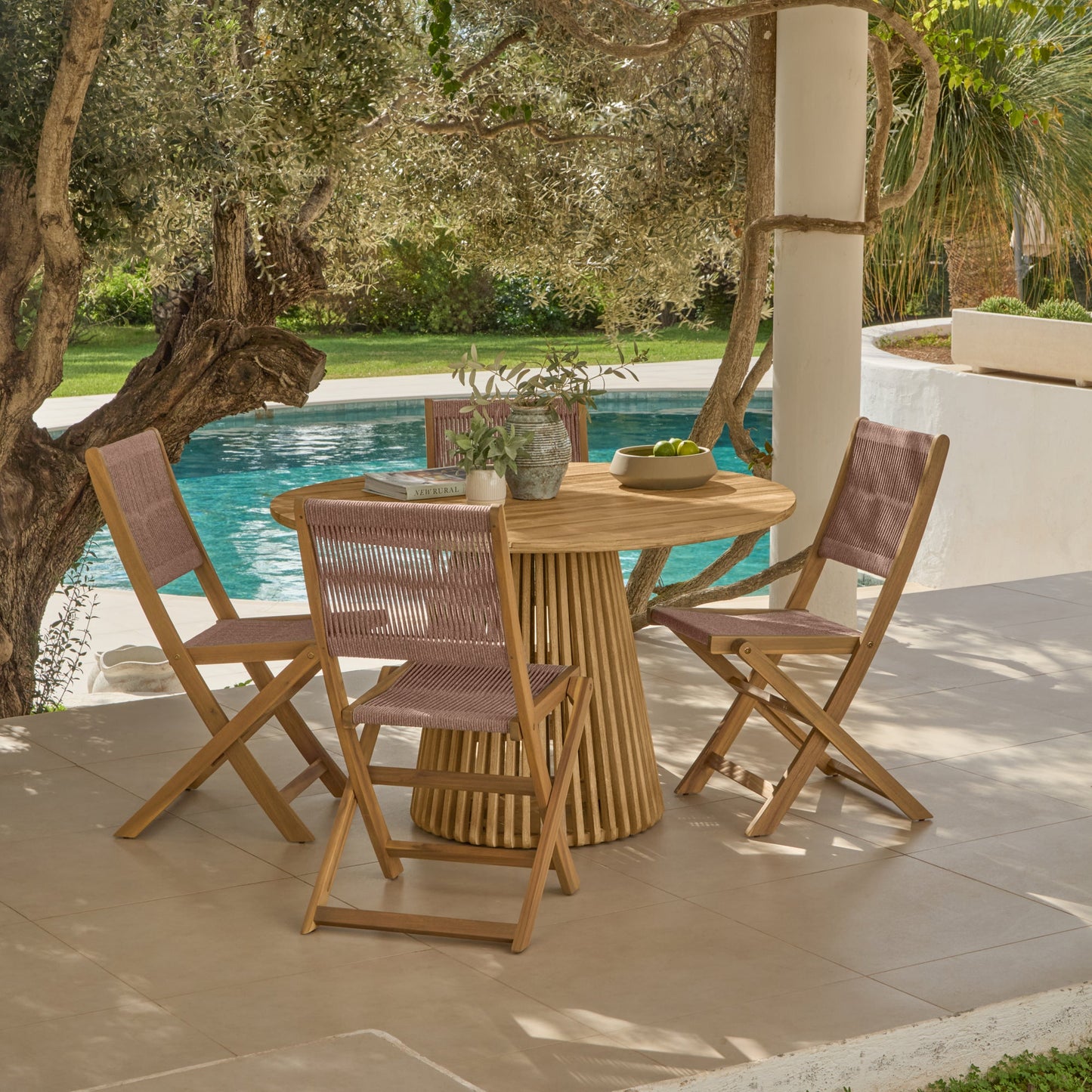 Willow 4 Seater White Acacia Round Garden Dining Set with Cove Pink Rope Chairs - Laura James