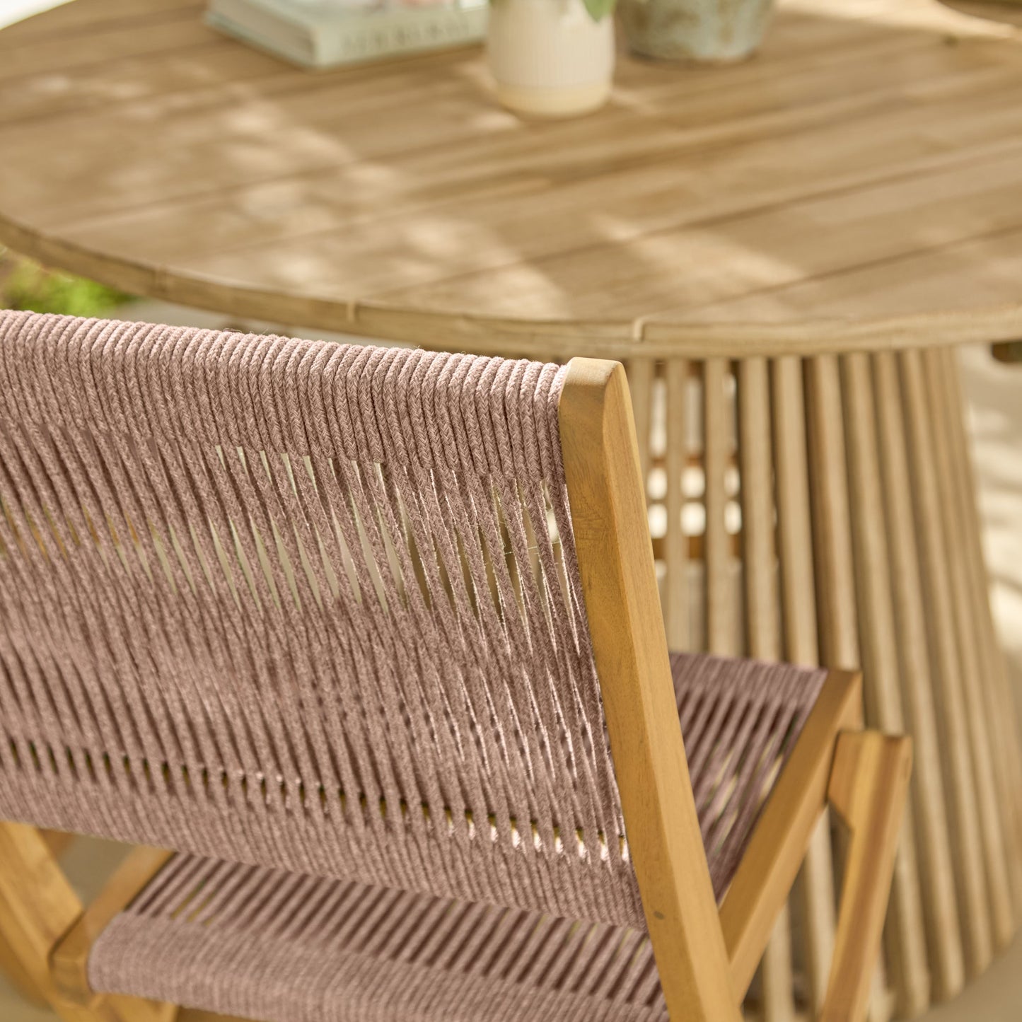 Willow 4 Seater White Acacia Round Garden Dining Set with Cove Pink Rope Chairs - Laura James