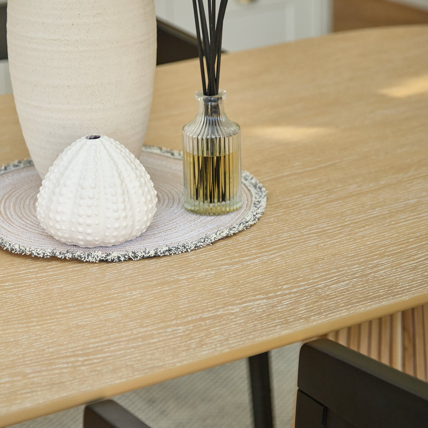 Willow 240cm Oval Dining Table - Whitewash Oak & 6 x Ella Armchairs - Black Oak - Laura James 