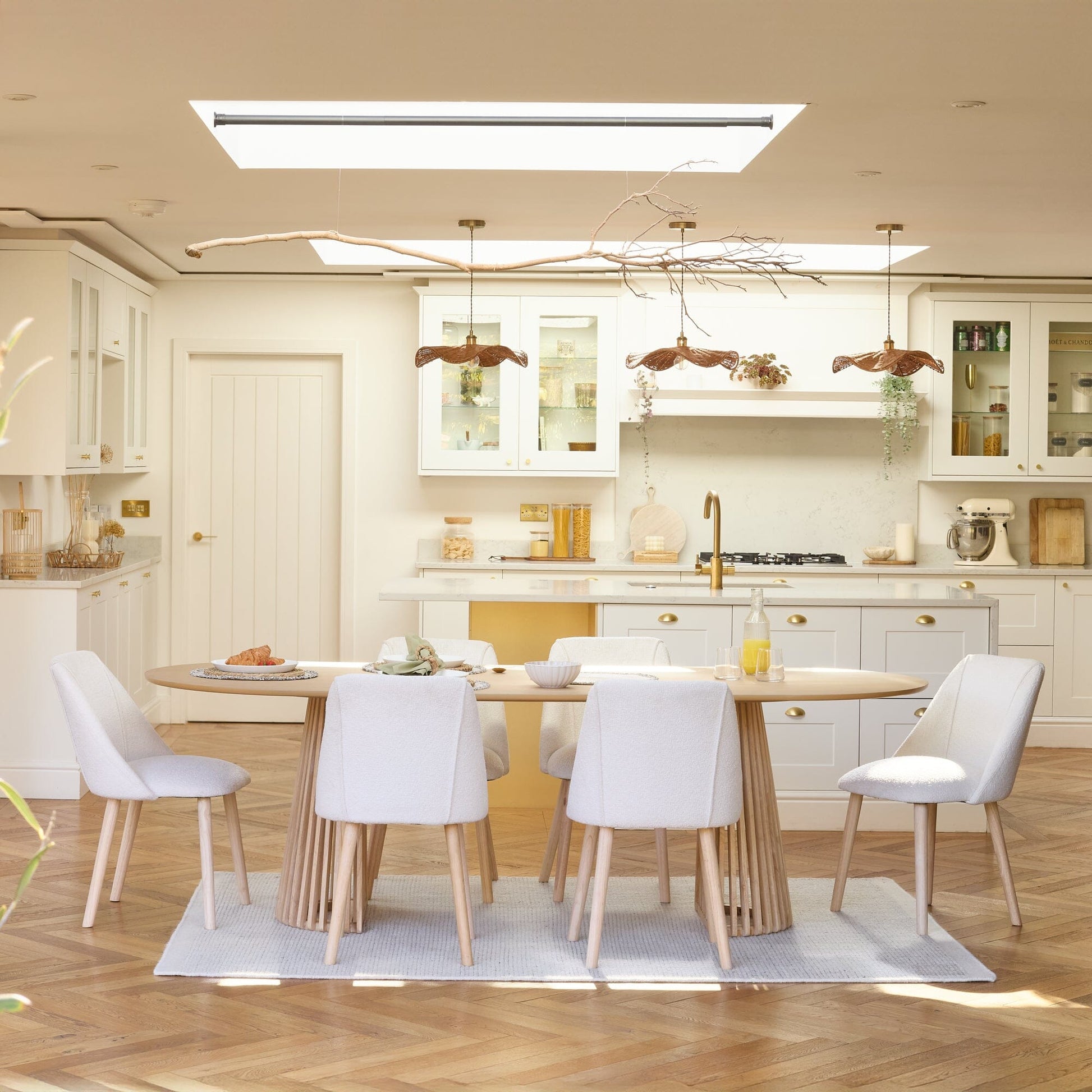 Willow Whitewash Oak Oval Dining Table with 6 Freya Boucle Dining Chairs - Laura James 