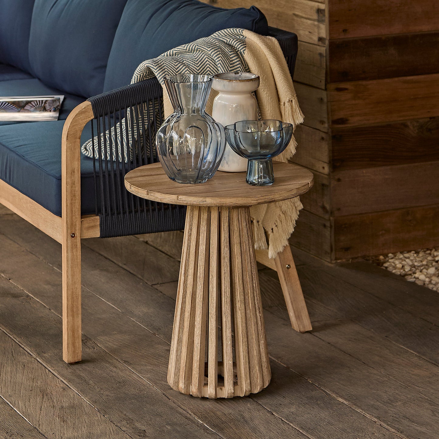 Willow Round Wooden Garden Side Table - Brushed Light Acacia - Laura James 