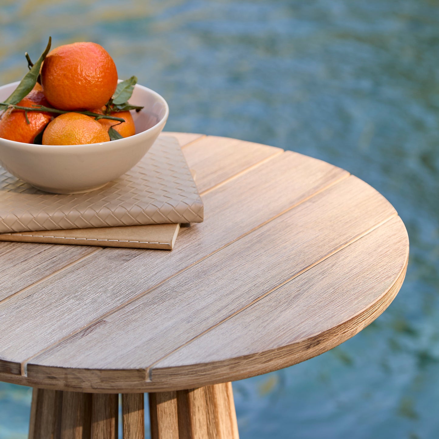 Willow Round Wooden Garden Side Table - Brushed Light Acacia - Laura James 