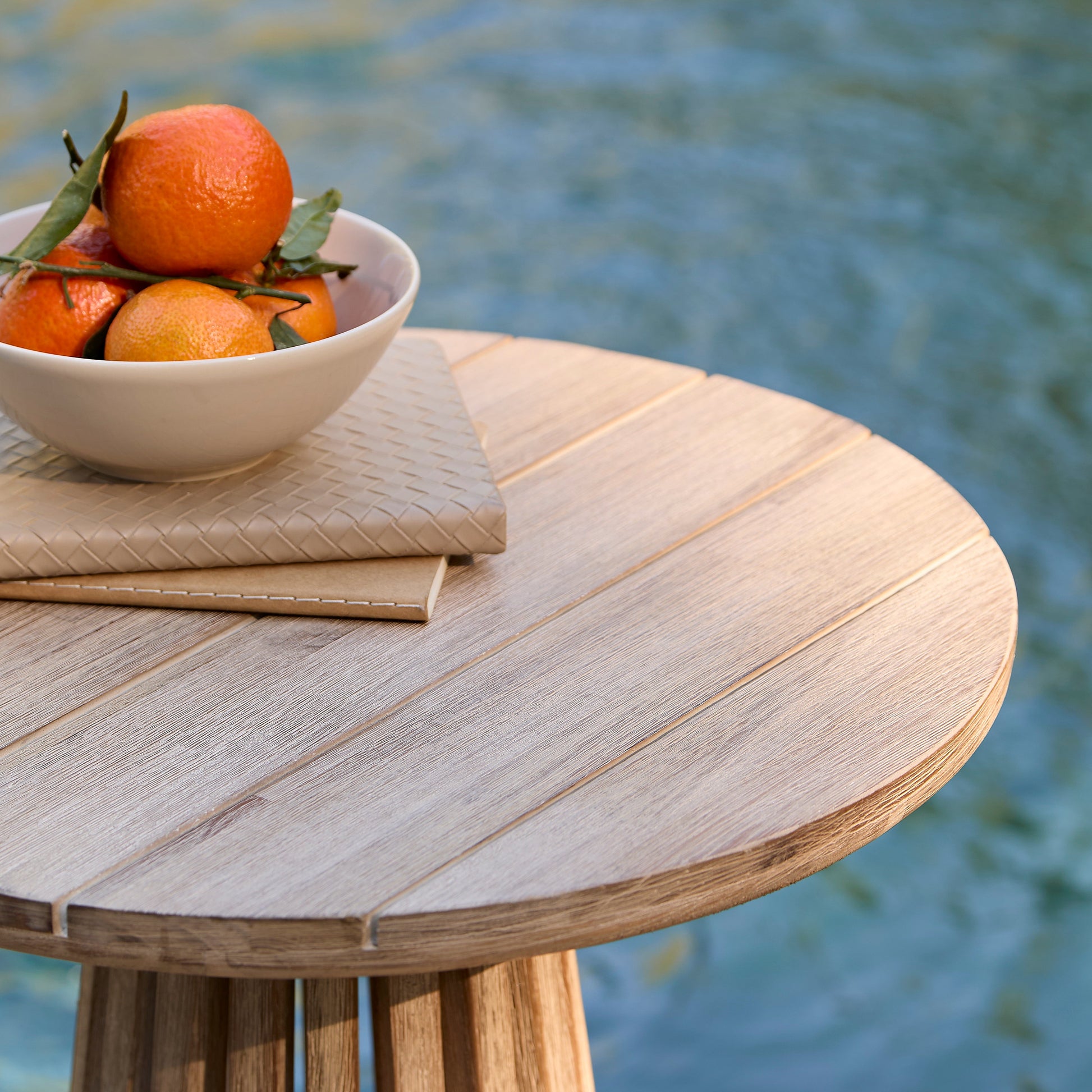 Willow Round Wooden Garden Side Table - Brushed Light Acacia - Laura James 