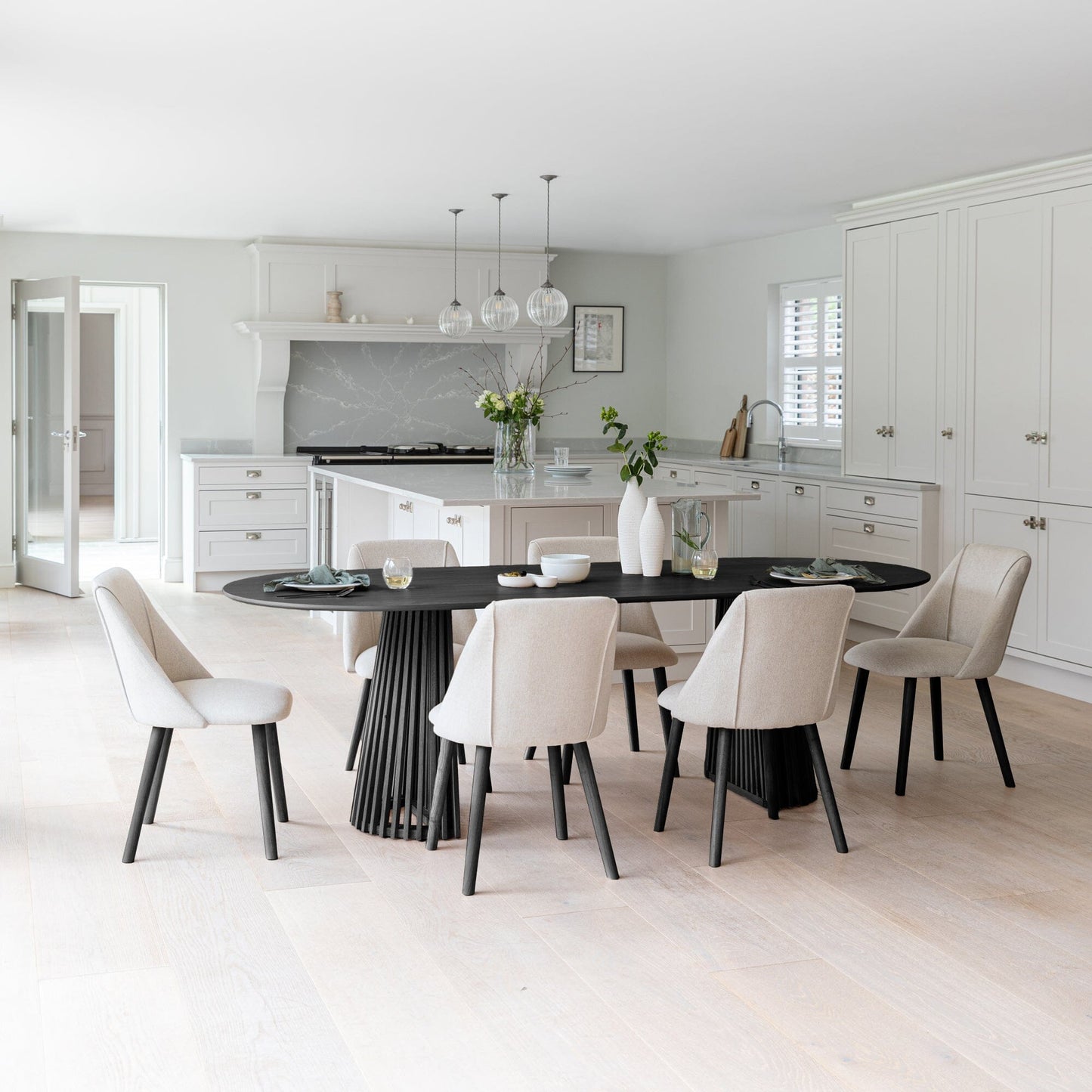 Willow 6 Seater Black Dining Table Set - Freya Sand Dining Chairs with Black Legs - Laura James