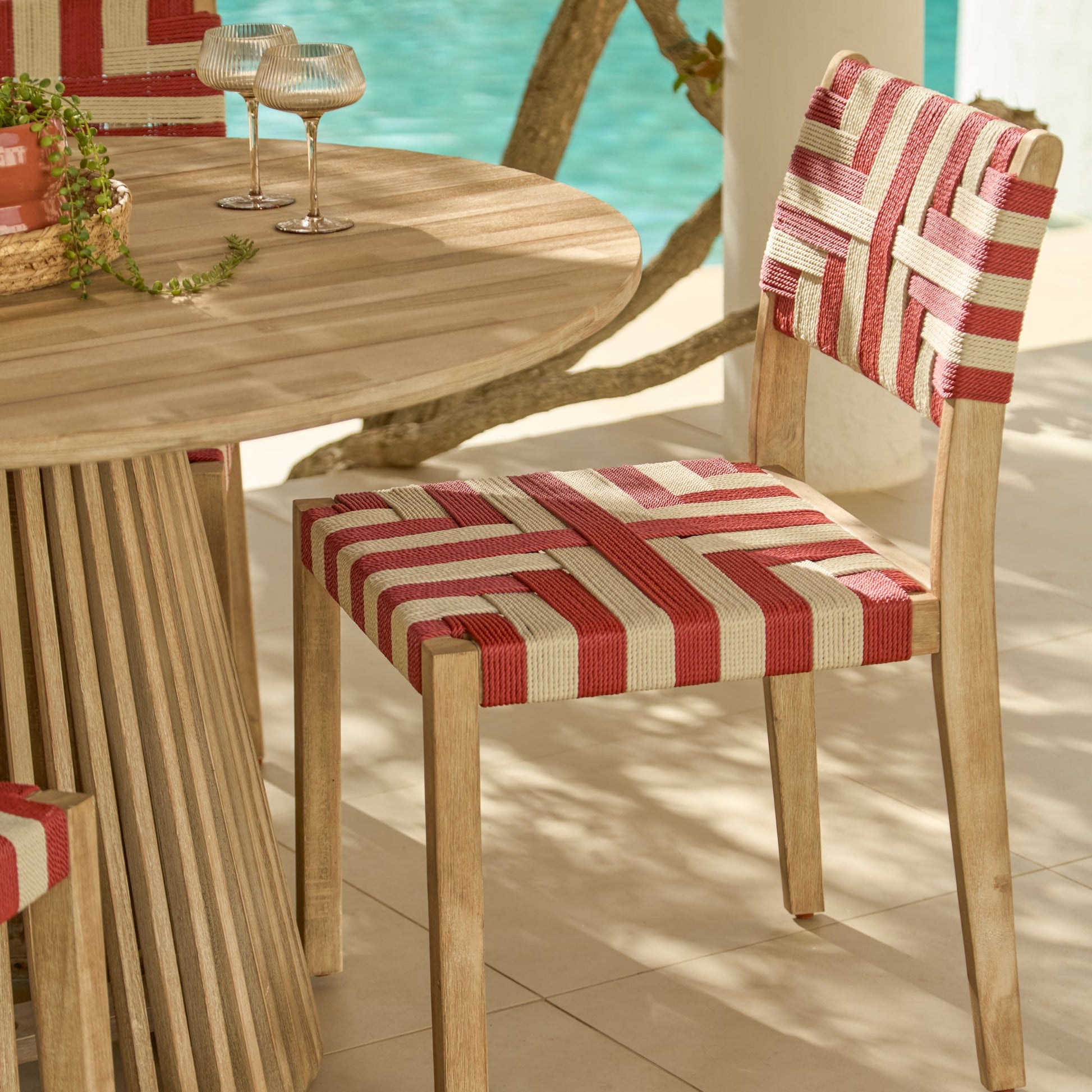 Willow 4 Seater Wooden Brushed Light Acacia Round Dining Set with Saffron Paprika and Beige Chairs - Laura James