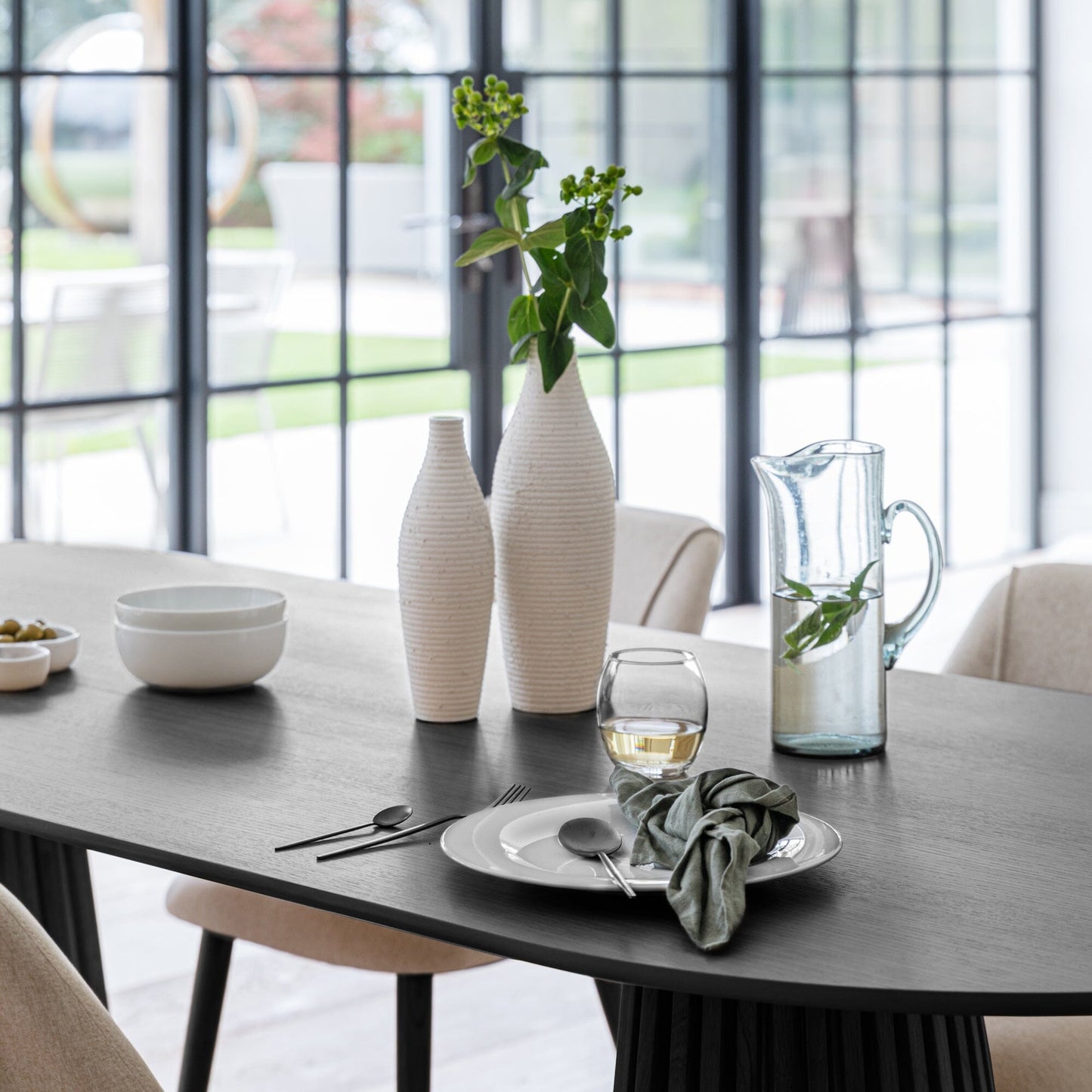 Willow 6 Seater Black Dining Table Set - Freya Sand Dining Chairs with Black Legs - Laura James