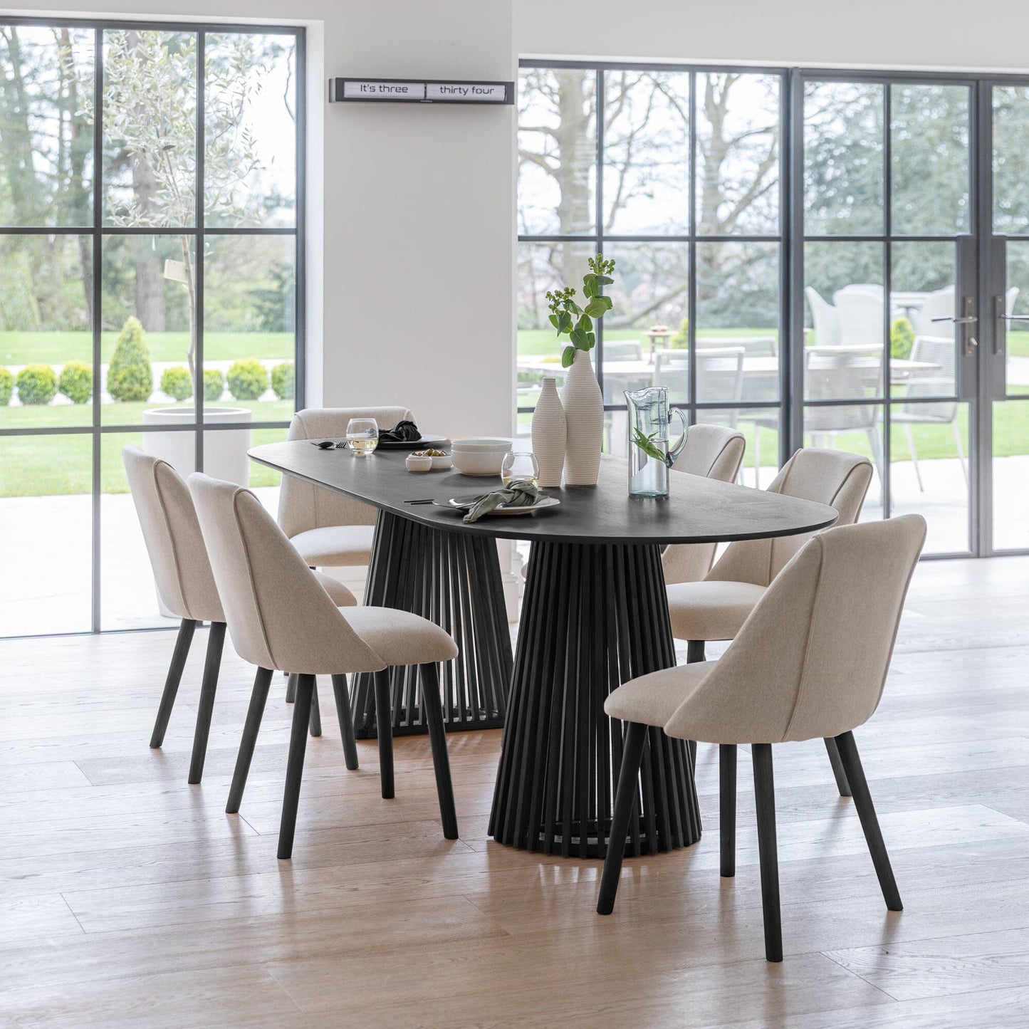 Willow 6 Seater Black Dining Table Set - Freya Sand Dining Chairs with Black Legs - Laura James