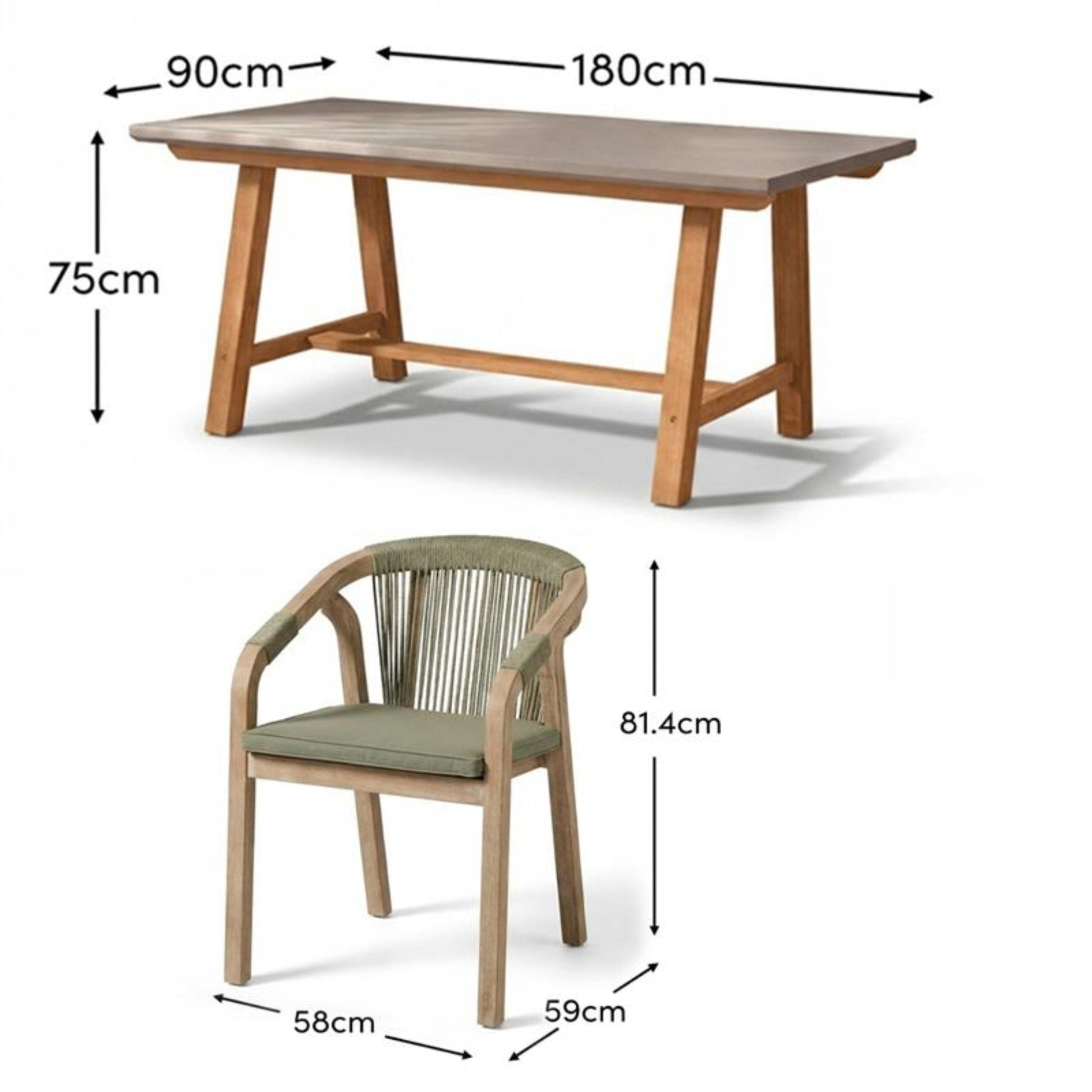 Shiro Pale Grey Concrete Dining Table Set - 6 Seater - Shiro Green Rope Dining Chairs