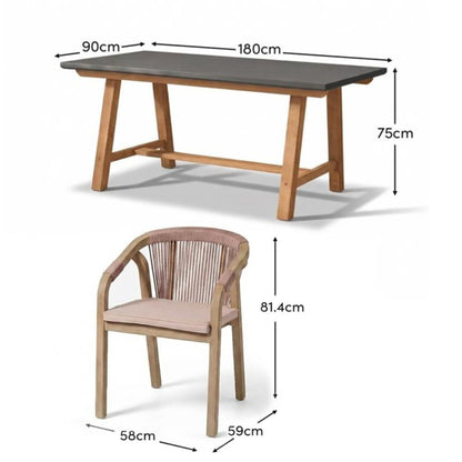 Shiro Dove Grey Concrete Dining Table Set - 6 Seater - Shiro Pink Rope Dining Chairs - Laura James