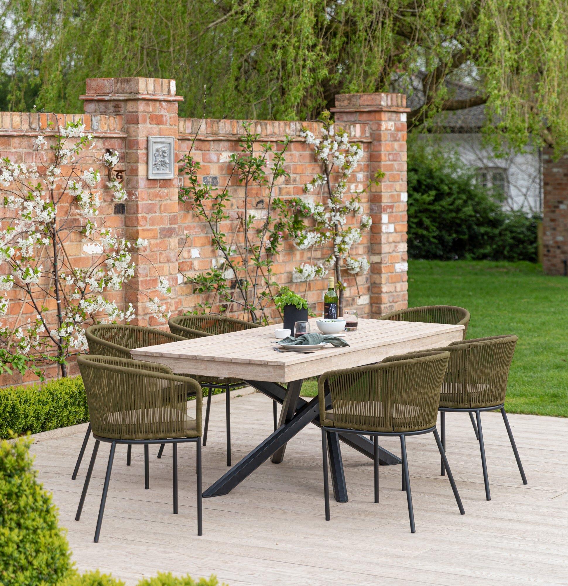 Amelia 6 Seater Whitewash Wood Black Legs Garden Dining Set - Hali Green Chairs - Laura James