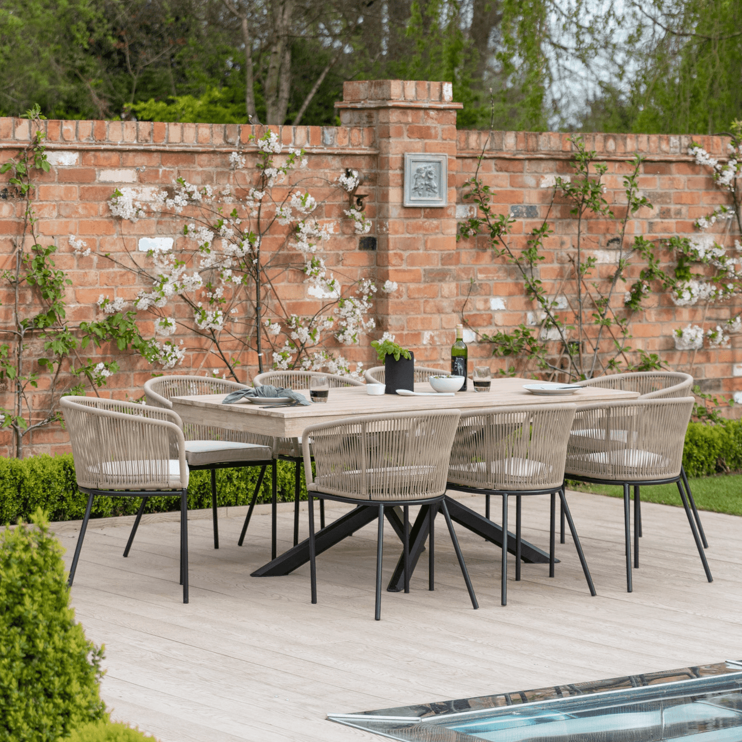 Amelia 8 Seater Whitewash Wood Black Legs Garden Dining Set - Hali Natural Chairs - Laura James