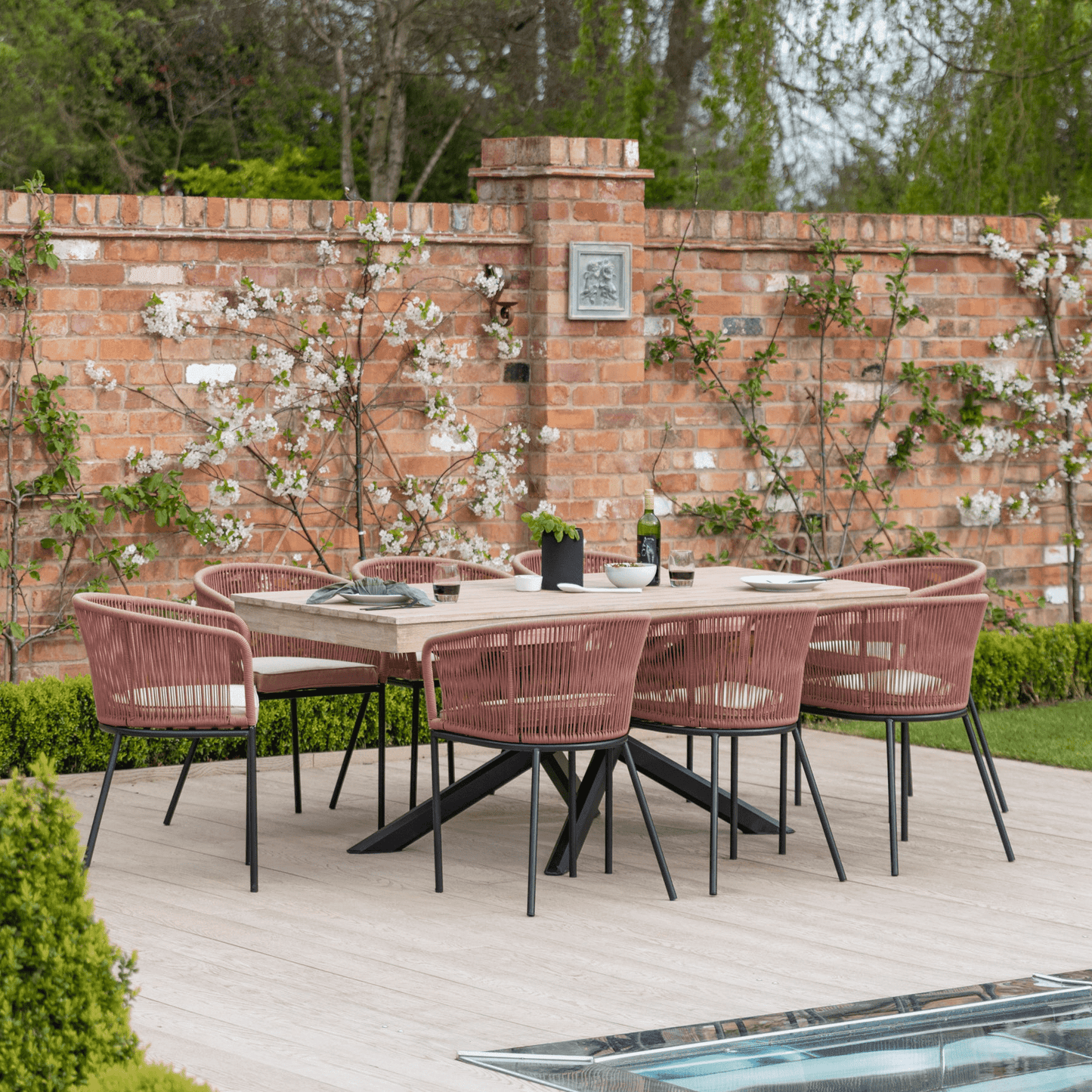 Amelia 8 Seater Whitewash Wood Black Legs Garden Dining Set - Hali Pink Chairs - Laura James