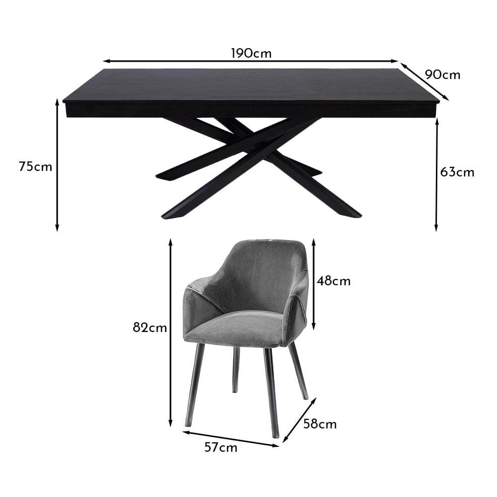 Amelia Black Dining Table Set - 6 Seater - Freya Grey Carver Chairs With Black Legs - Laura James