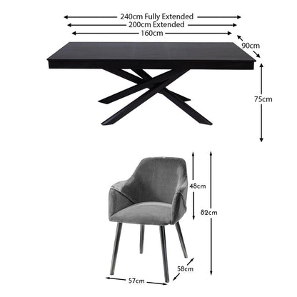 Amelia Black Extendable Dining Table Set - 6 Seater - Freya Grey Carver Chairs With Black Legs - Laura James