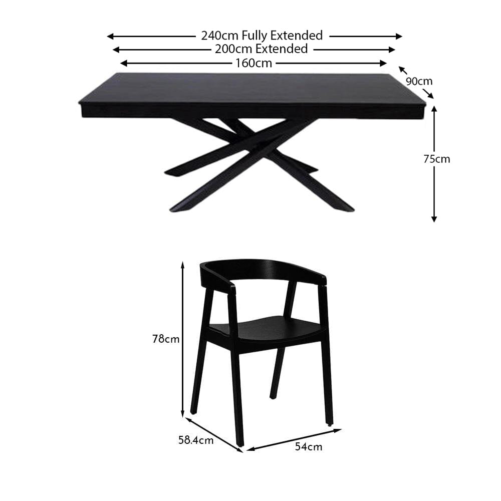 Amelia Black Extendable Dining Table Set - 6 Seater - Black Armchairs - Laura James