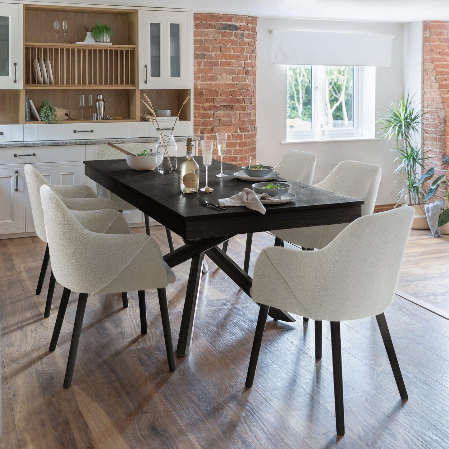 Amelia Black Dining Table Set - 6 Seater - Freya Fossil Carver Chairs - Black Legs - Laura James 
