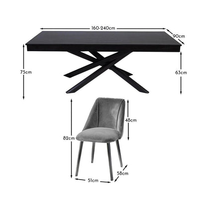 Amelia Black Extendable Dining Table Set - 6 Seater - Freya Grey Dining Chairs - Black Legs