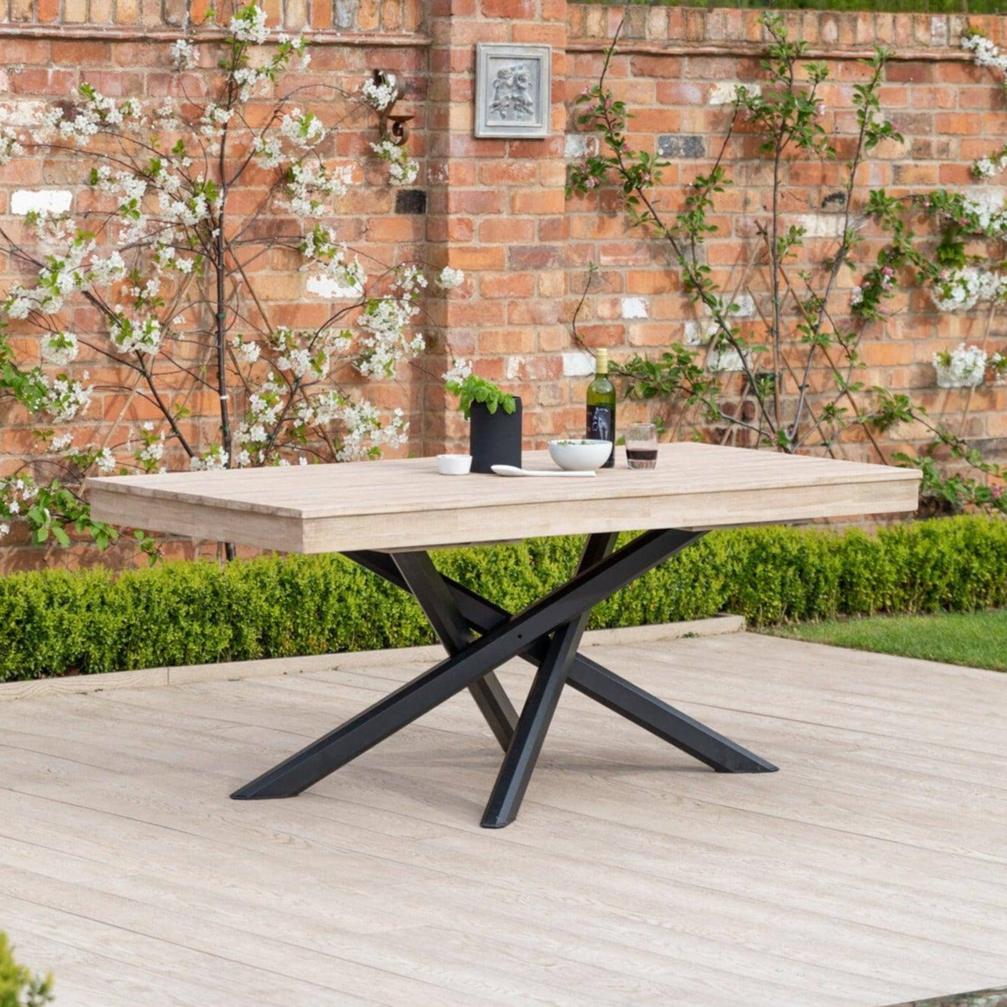 Amelia Whitewash wood Garden dining table - black metal legs