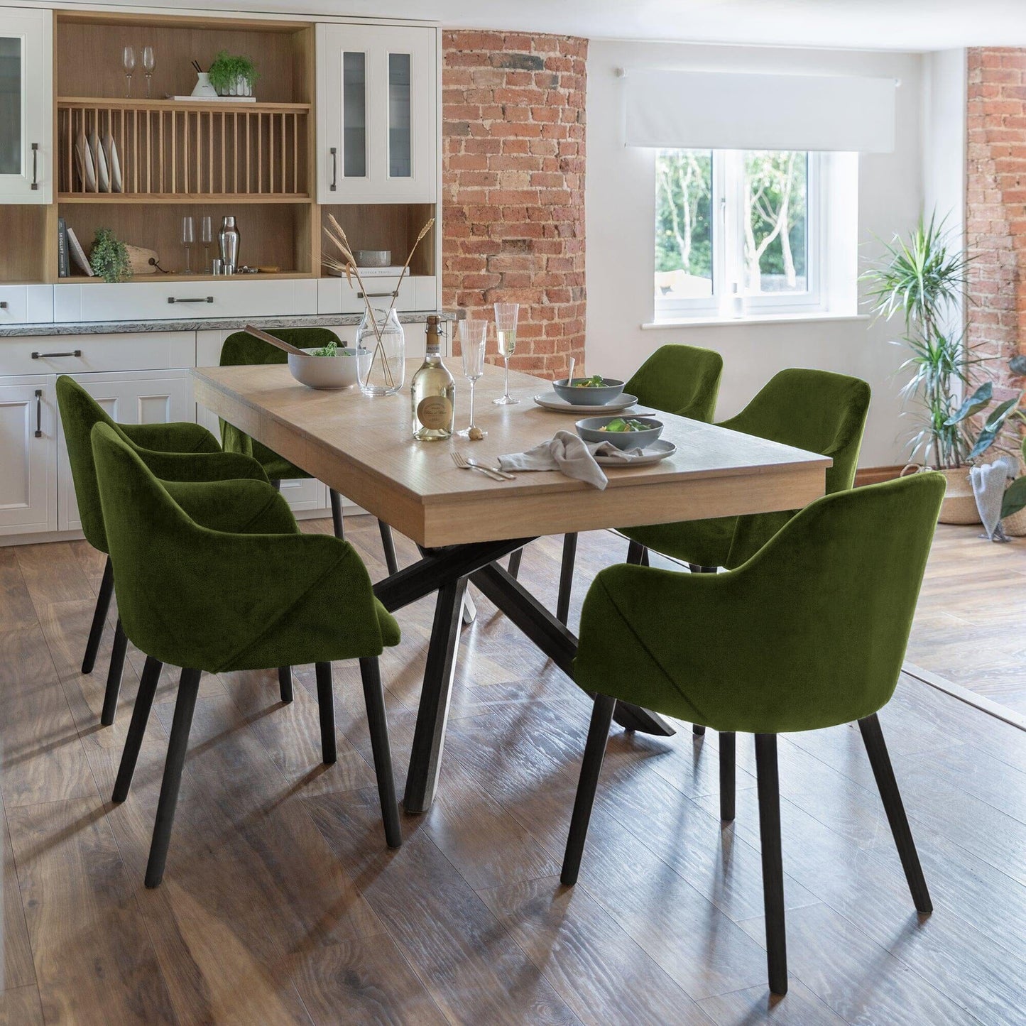 Amelia Whitewash Extendable Dining Table Set - 6 Seater - Freya Fern Green Carver Chairs with Black Legs