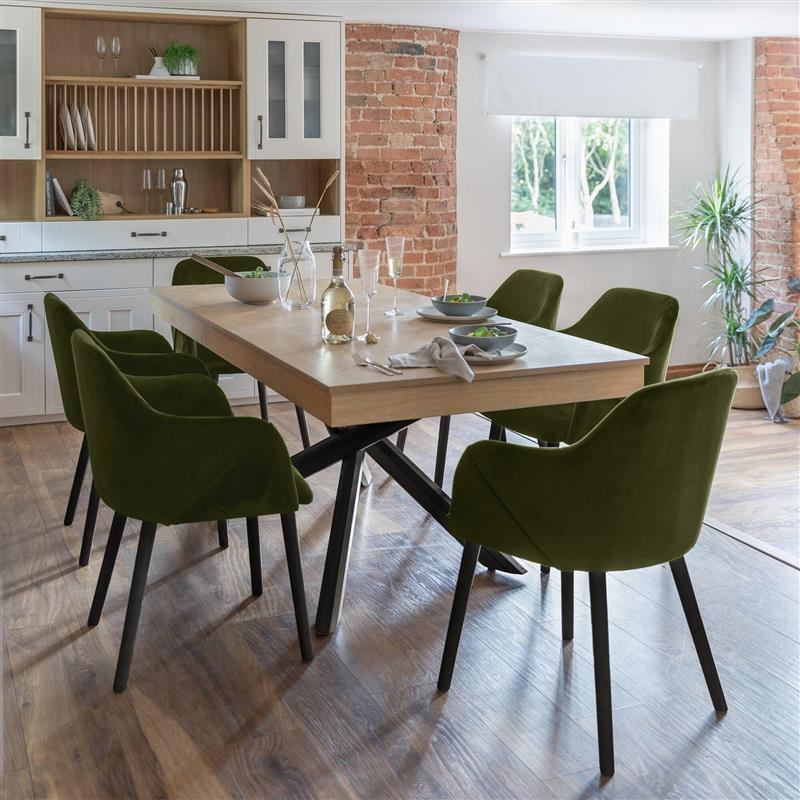 Amelia Whitewash Dining Table Set - 6 Seater - Freya Fern Green Carver Chairs - Black Legs