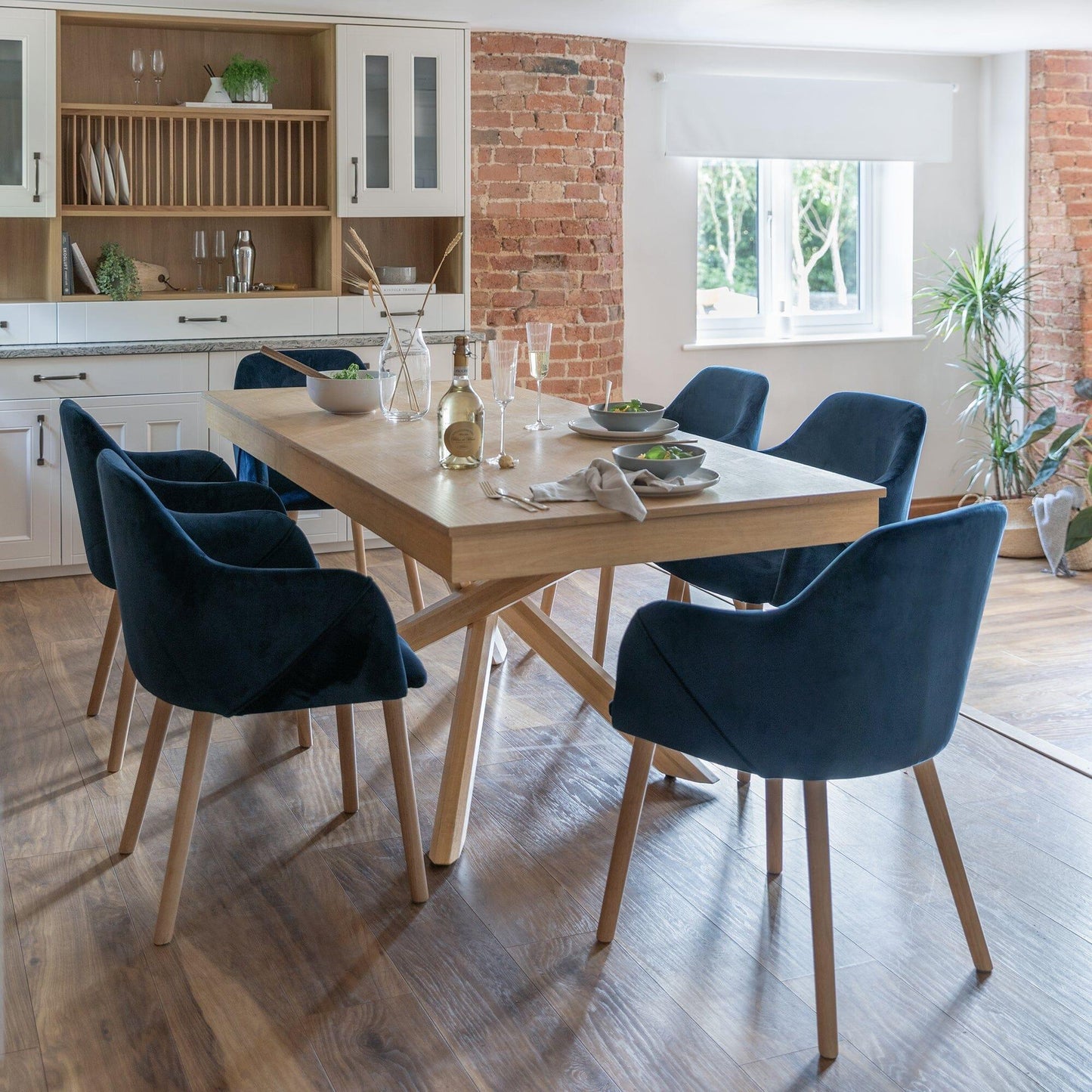 Amelia Whitewash Dining Table Set - 6 Seater - Freya Blue Carver Chairs With Oak Legs - Laura James