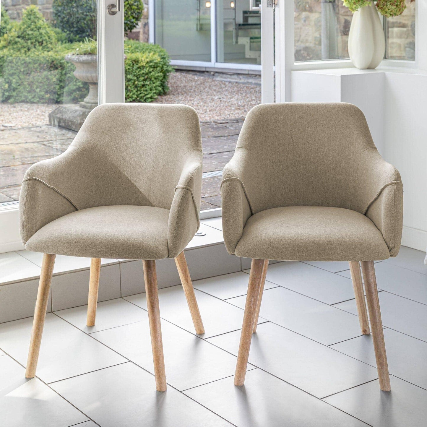 Amelia Whitewash Dining Table Set - 6 Seater - Freya Oatmeal Carver Chairs With Pale Oak Legs - Laura James