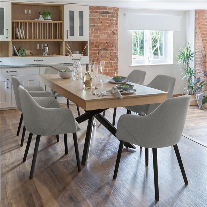 Amelia Whitewash Dining Table Set - 6 Seater - Freya Fossil Carver Chairs with Black Legs