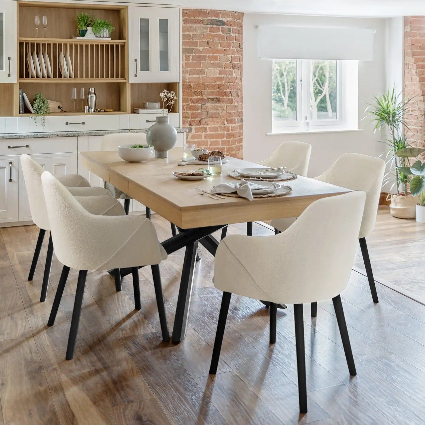 Amelia Whitewash Dining Table Set - 6 Seater - Freya Boucle Carver Chairs - Black Legs - Laura James 