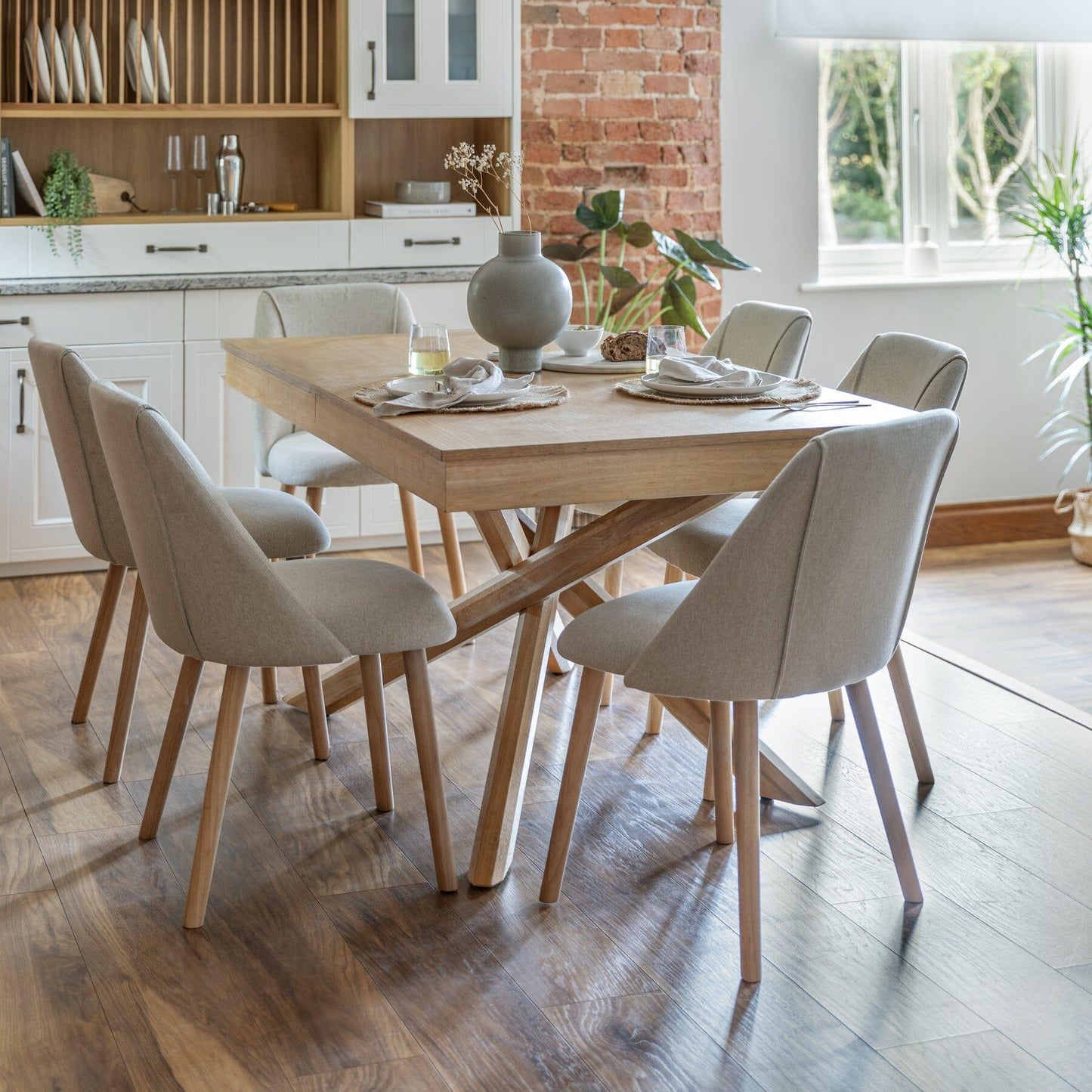 Amelia Whitewash Extendable Dining Table Set - 6 Seater - Freya Oatmeal Dining Chairs With Oak Legs