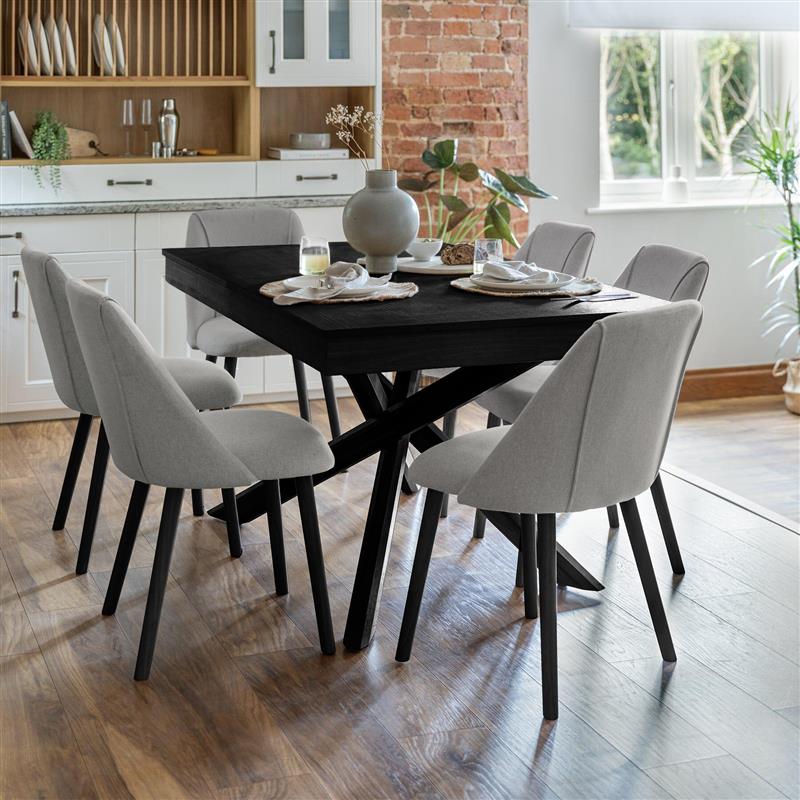 Amelia Black Dining Table Set - 6 Seater - Freya Fossil Dining Chairs - Black Legs