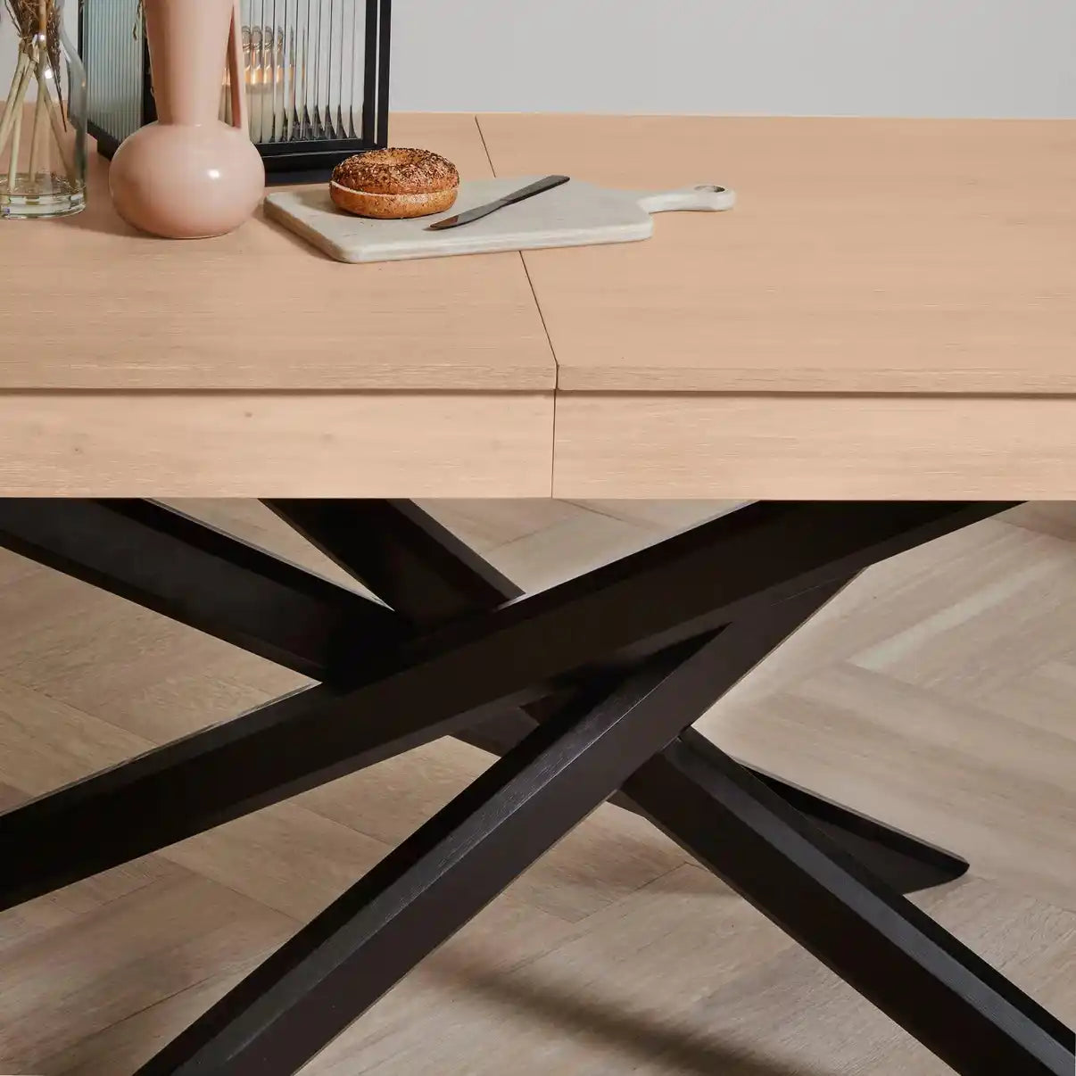 Amelia Pale Oak Wood Extendable Dining Table with Black Oak Legs