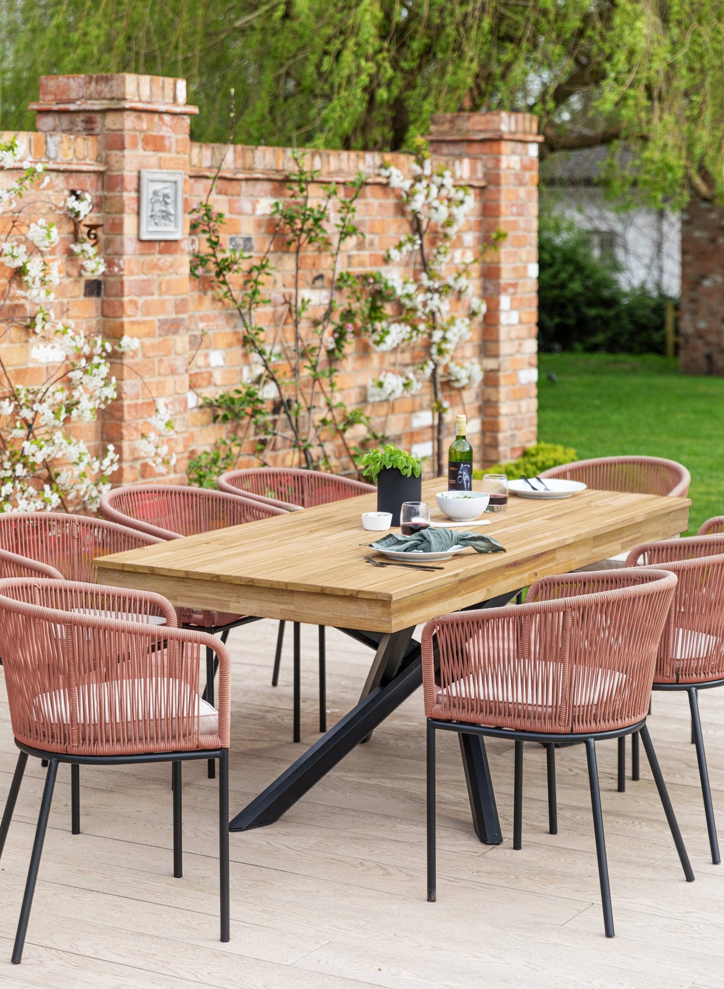 Amelia 8 Seater Natural Wood Black Legs Garden Dining Set - Hali Pink Chairs - Laura James