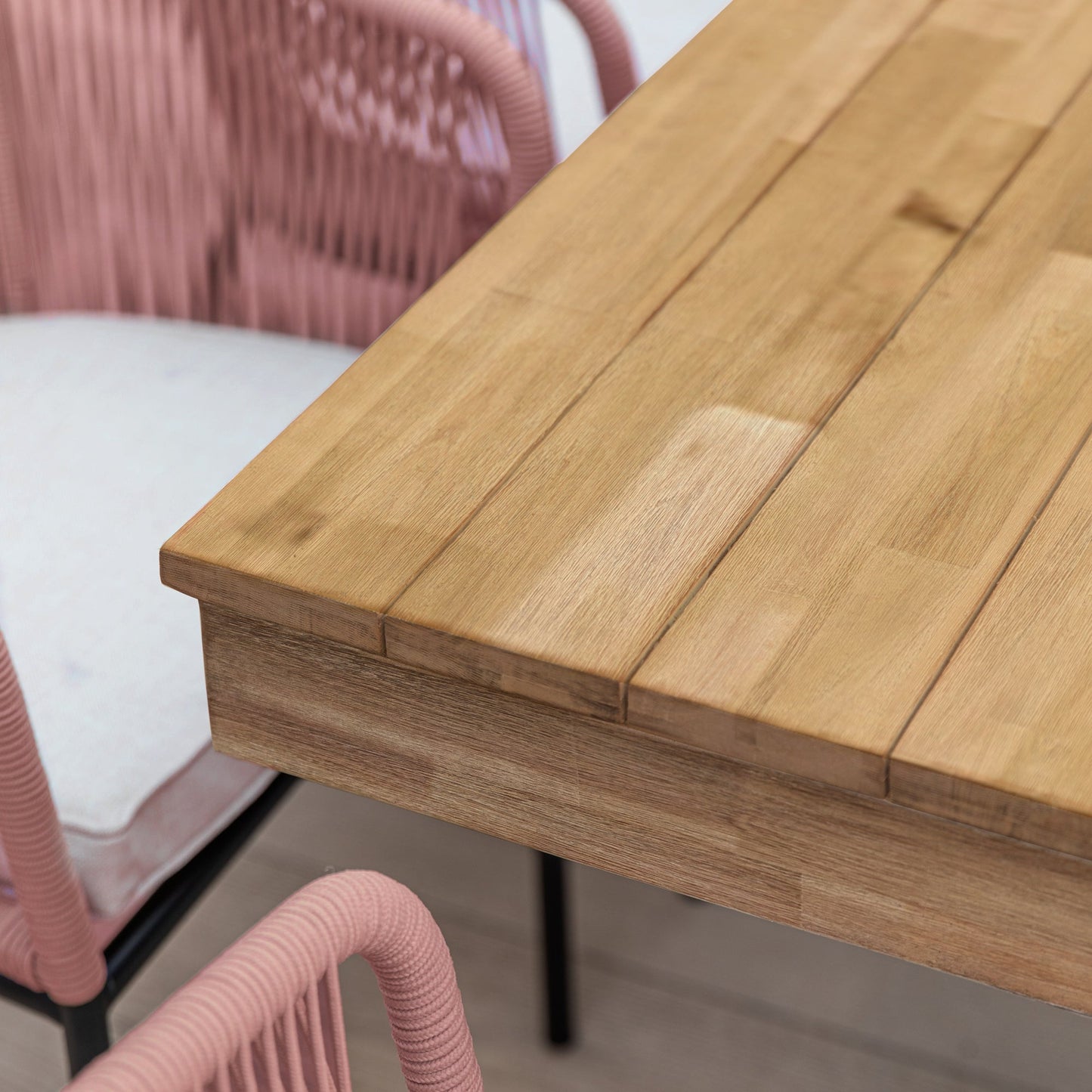 Amelia 6 Seater Wooden Garden Dining Set with 6 Hali Pink Chairs - White Acacia with Black Legs