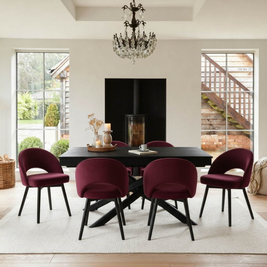 Amelia Black Extending Dining Table Set - 6 Seater - Marilyn Burgundy Red Dining Chairs - Black Legs - Laura James 