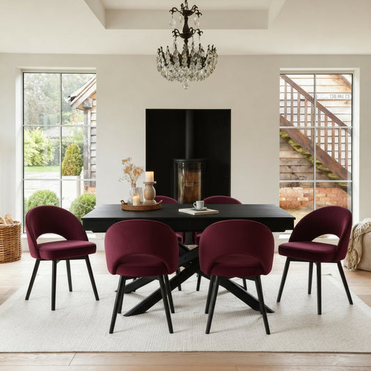 Amelia Black Extending Dining Table Set - 6 Seater - Marilyn Burgundy Red Dining Chairs - Black Legs - Laura James 