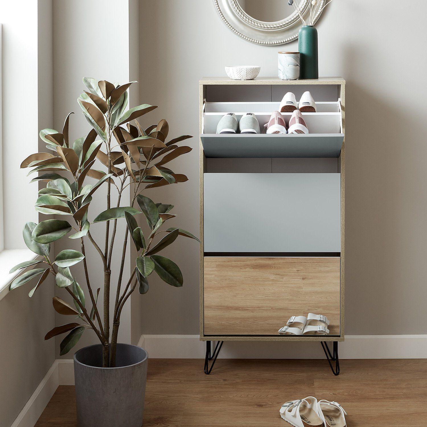 Anderson shoe cabinet - 3 door - oak effect and grey - Laura James