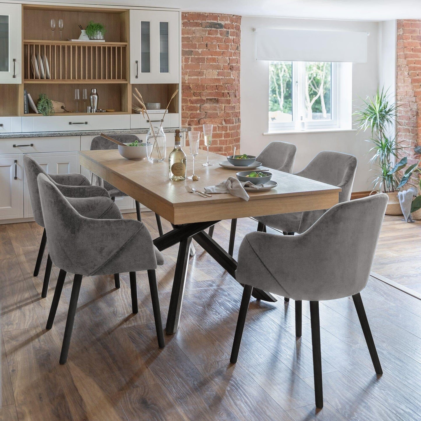 Amelia Whitewash Dining Table Set - 6 Seater - Freya Grey Carver Chairs with Black Legs