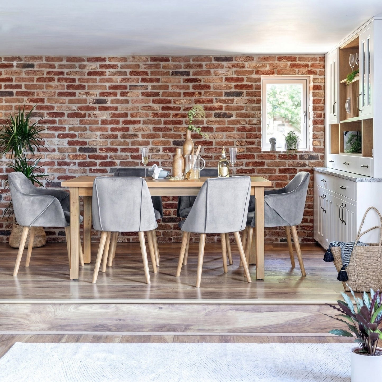 Ella 160cm Pale Oak Dining Table Set - 6 Seater - 4 Freya Dining Chairs with  2 Freya Armchairs - Mist Grey with Pale Oak Legs - Laura James