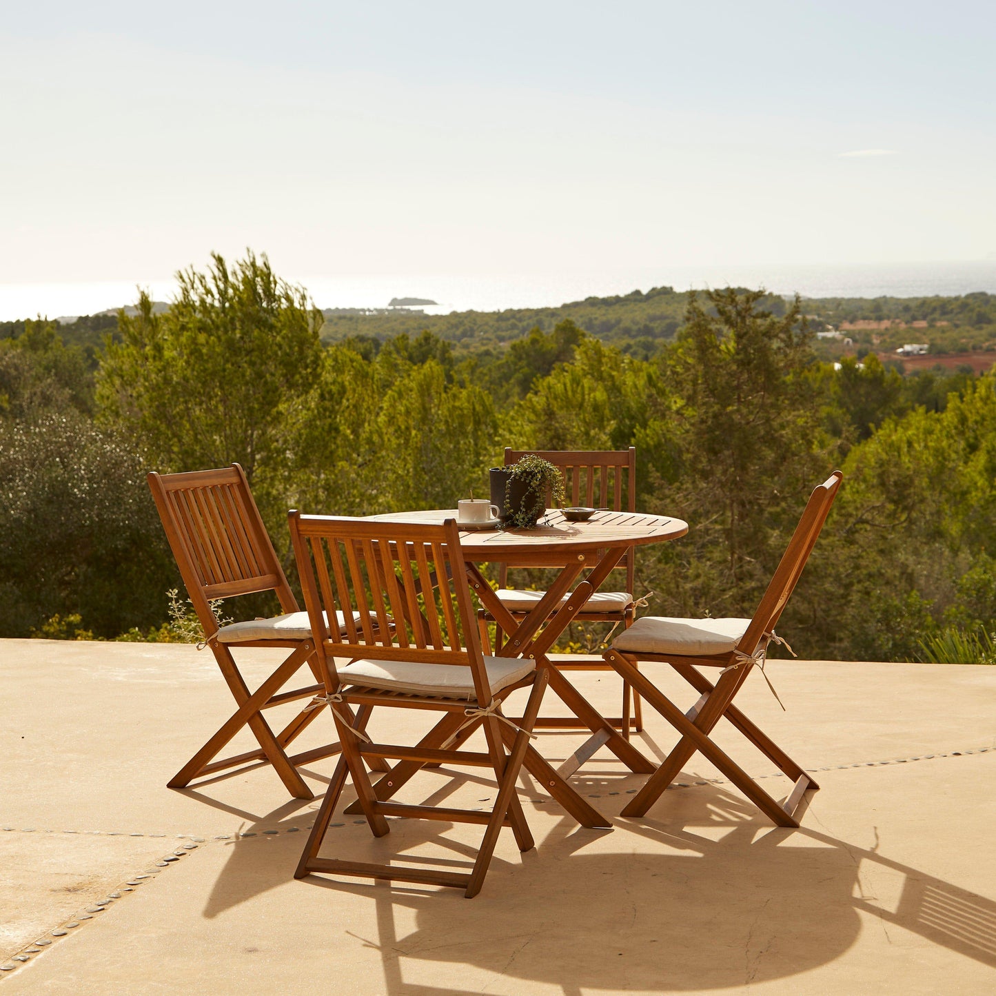 Ashby 6 Seater Round Wooden Garden Dining Set with Arms & Premium LED Cream Parasol - 130cm