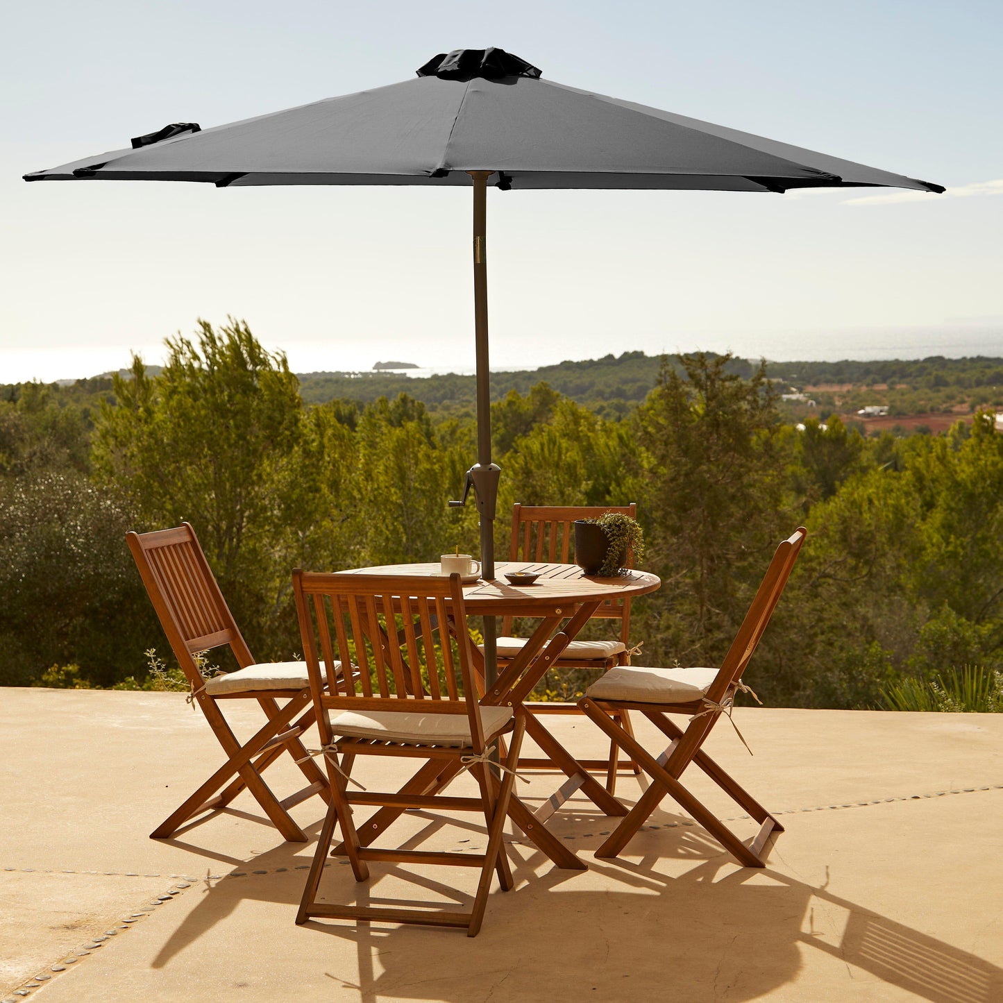 Ashby 6 Seater Round Wooden Garden Dining Set with Arms & Grey Parasol - 130cm