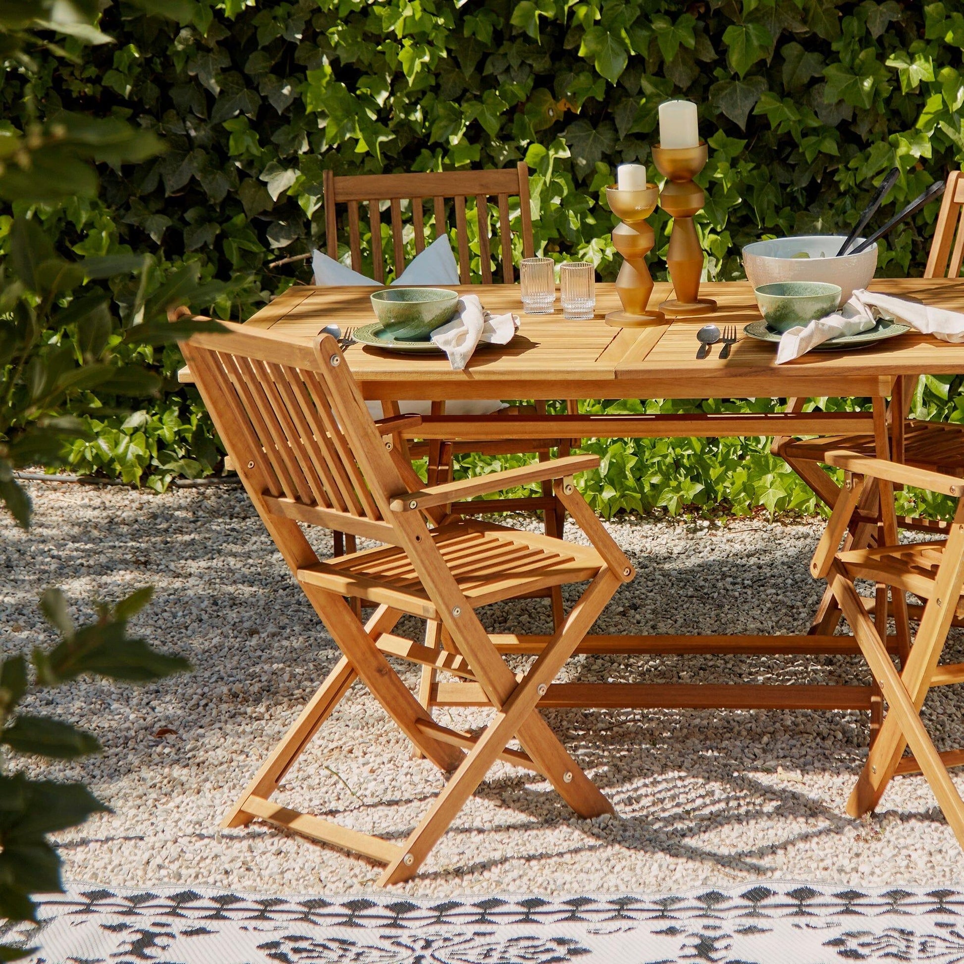 Ashby Outdoor 4 Seater Wooden Rectangular Armchair Dining Set with Grey LED Premium Parasol - 120cm - Laura James