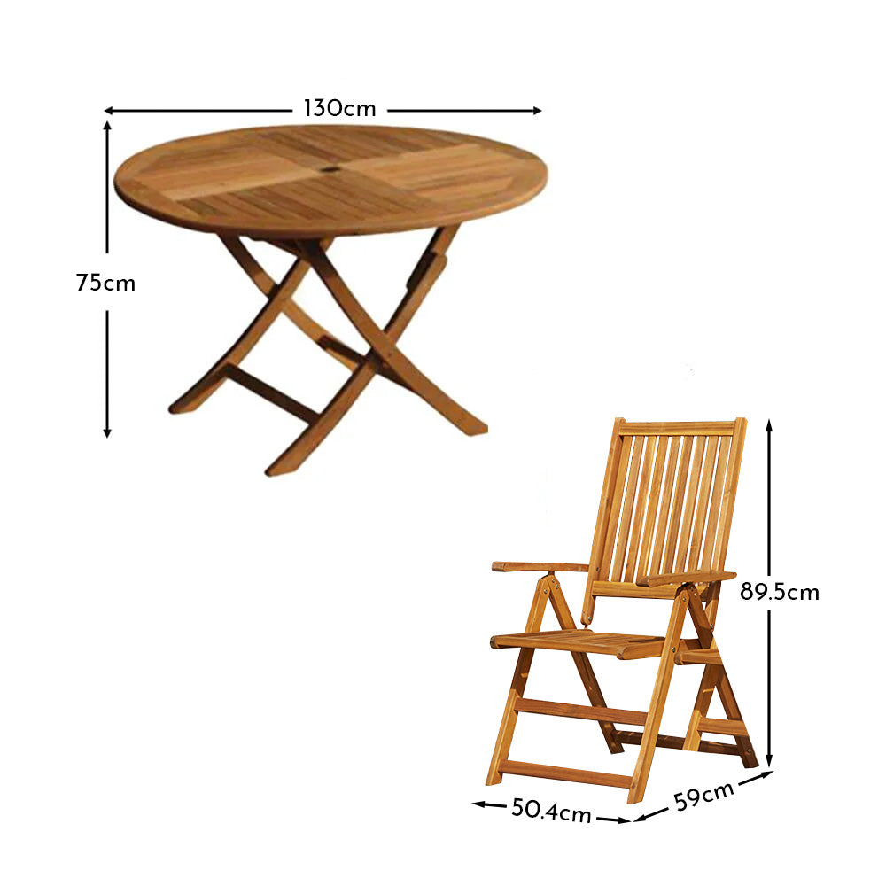 Ashby 6 Seater Round Wooden Garden Dining Set with Arms & Premium LED Cream Parasol - 130cm