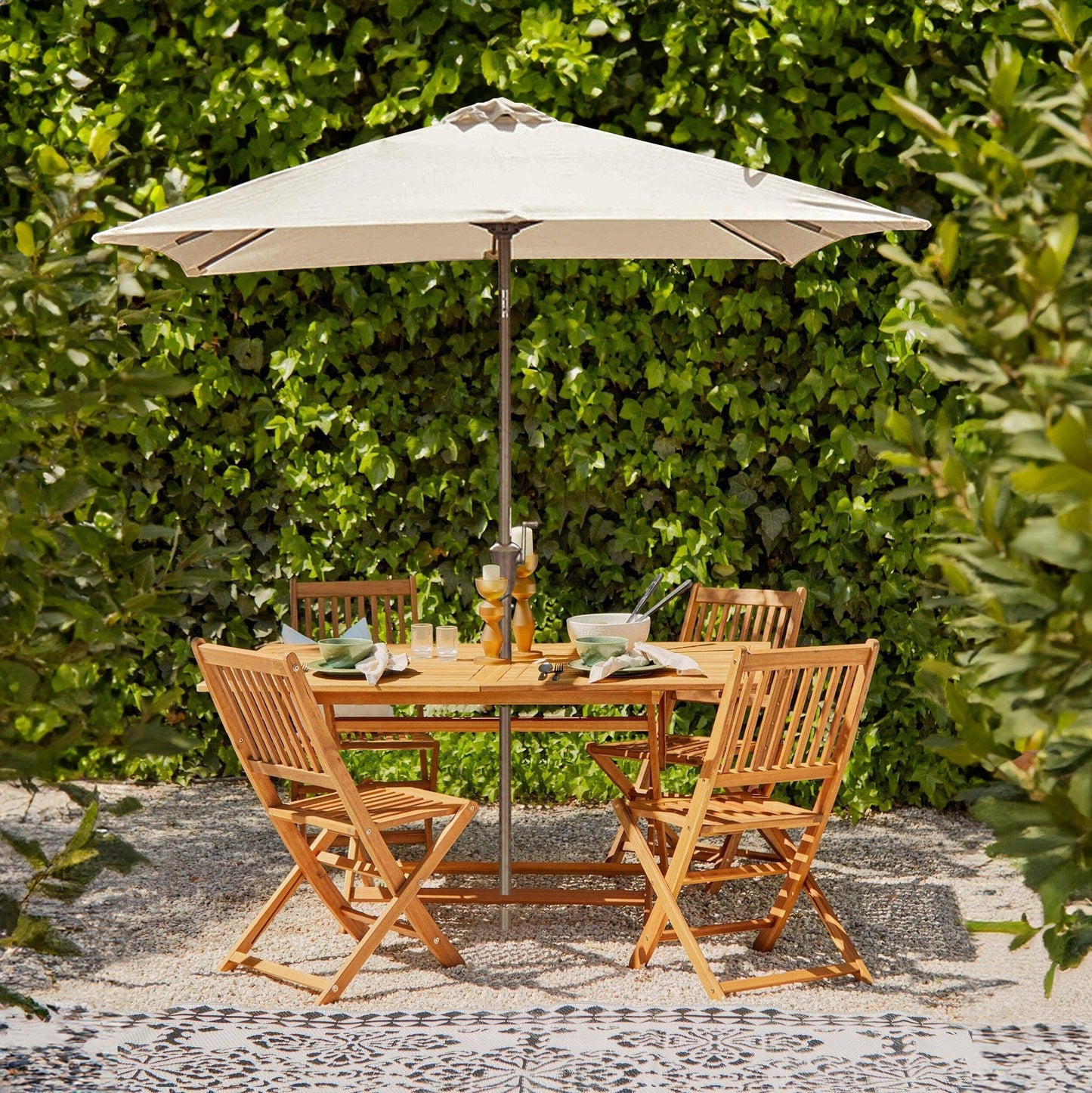 Ashby 4 Seater Wooden Rectangular Garden Dining Set with Cream LED Premium Parasol - 120cm - Laura James