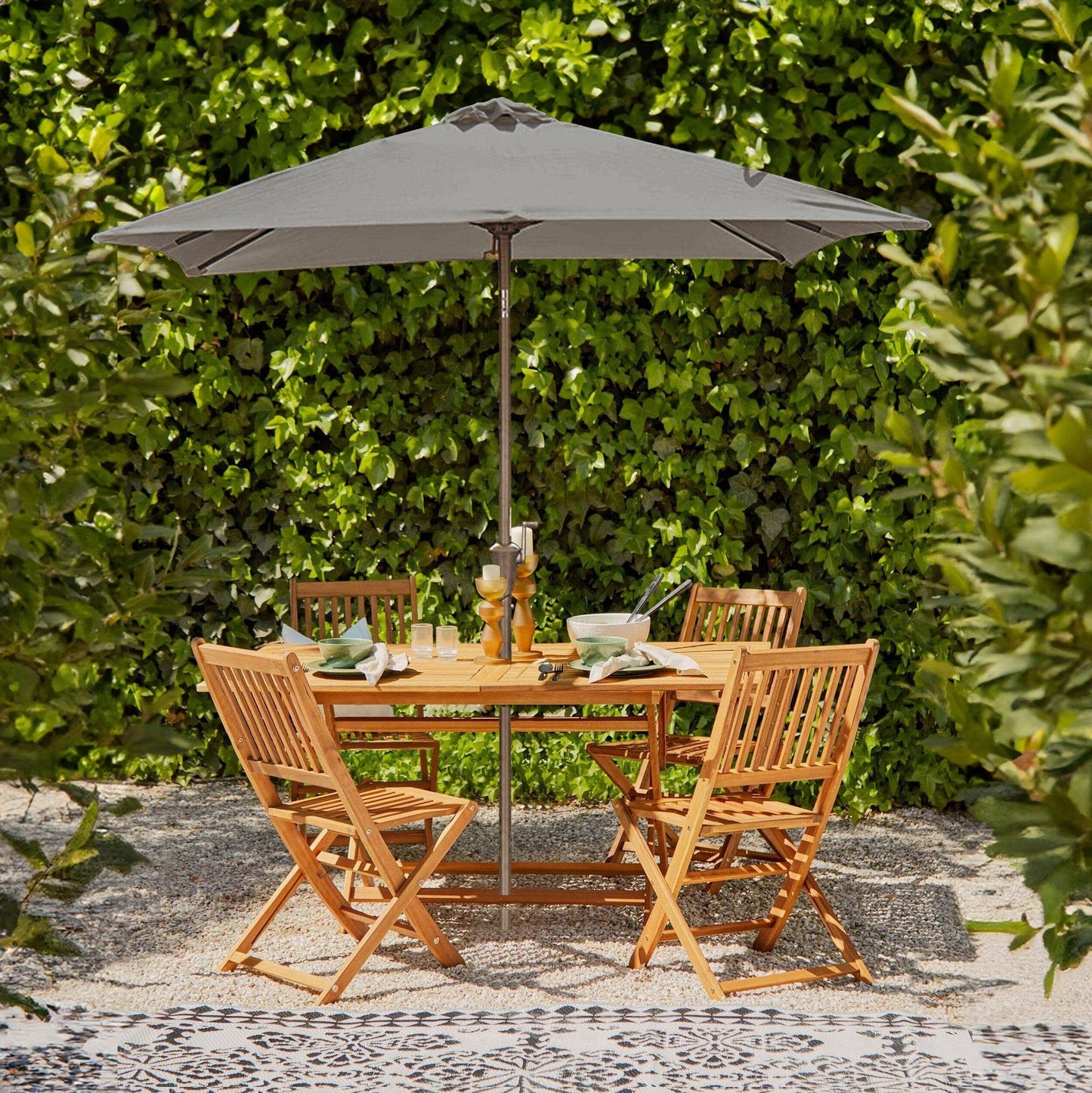 Ashby 4 Seater Wooden Rectangular Garden Dining Set with Grey LED Premium Parasol - 120cm - Laura James